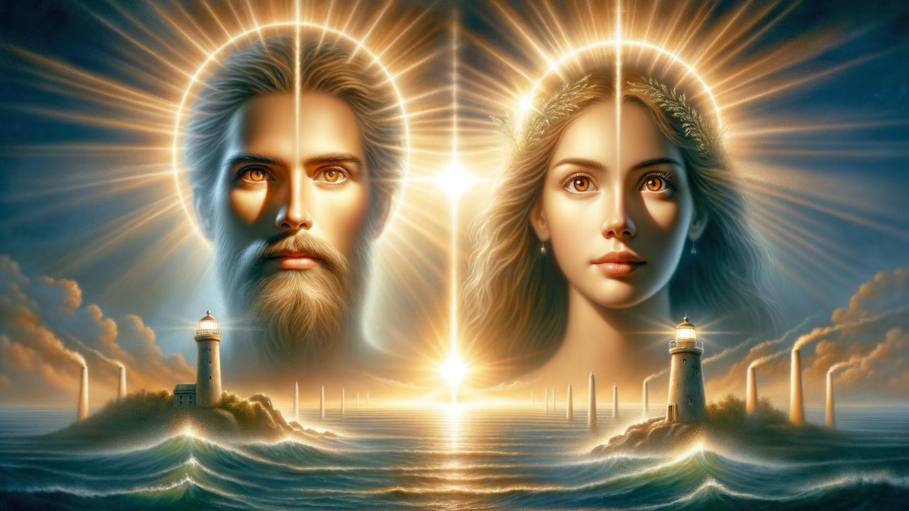 Ethereal Figures with Halos in Serene Seascape