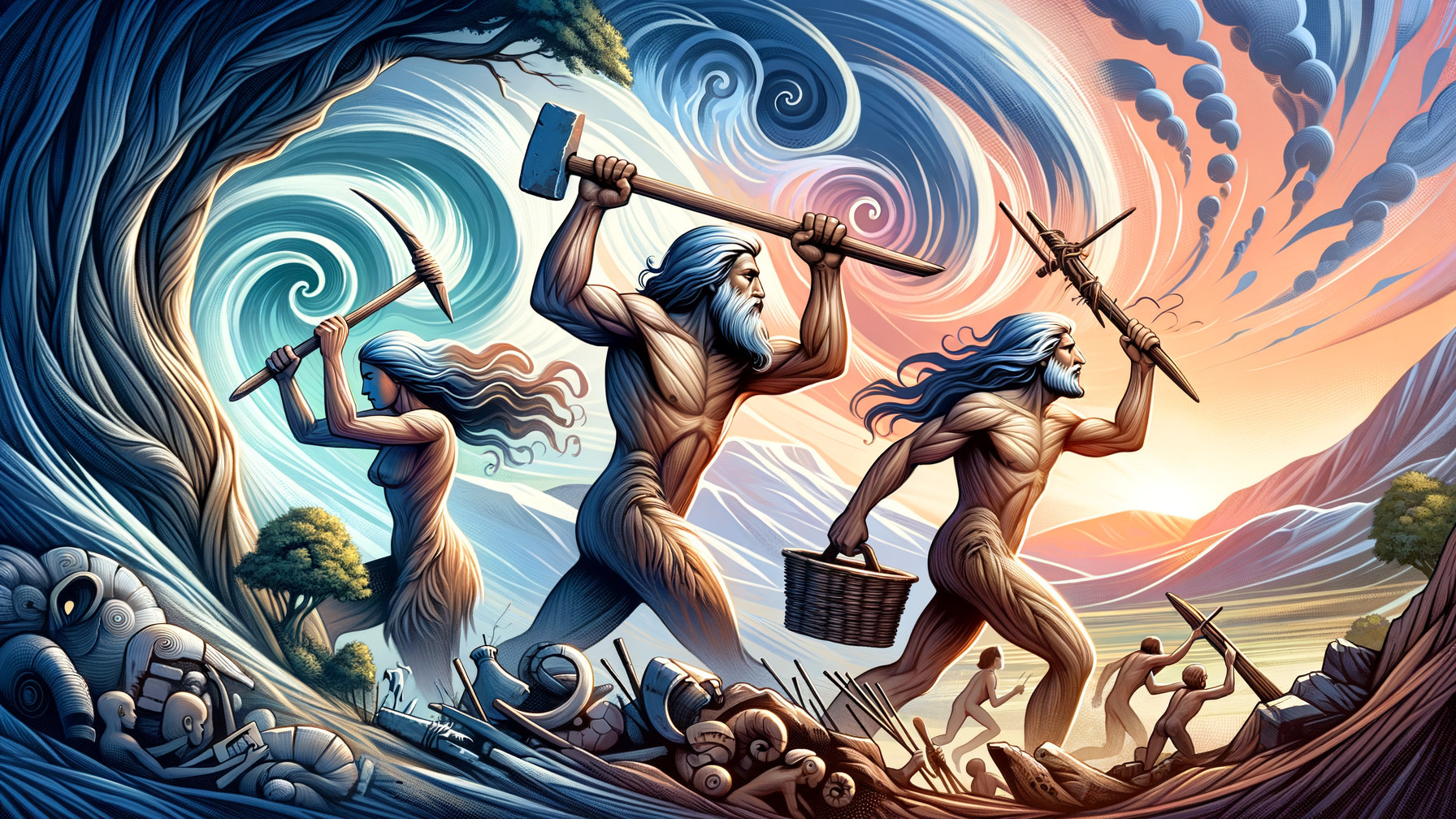 Ancient Figures in Dynamic Landscape with Tools and Weapons