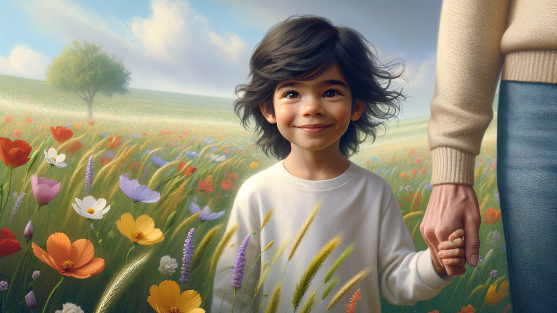 Child in Meadow with Wildflowers and Tree Background