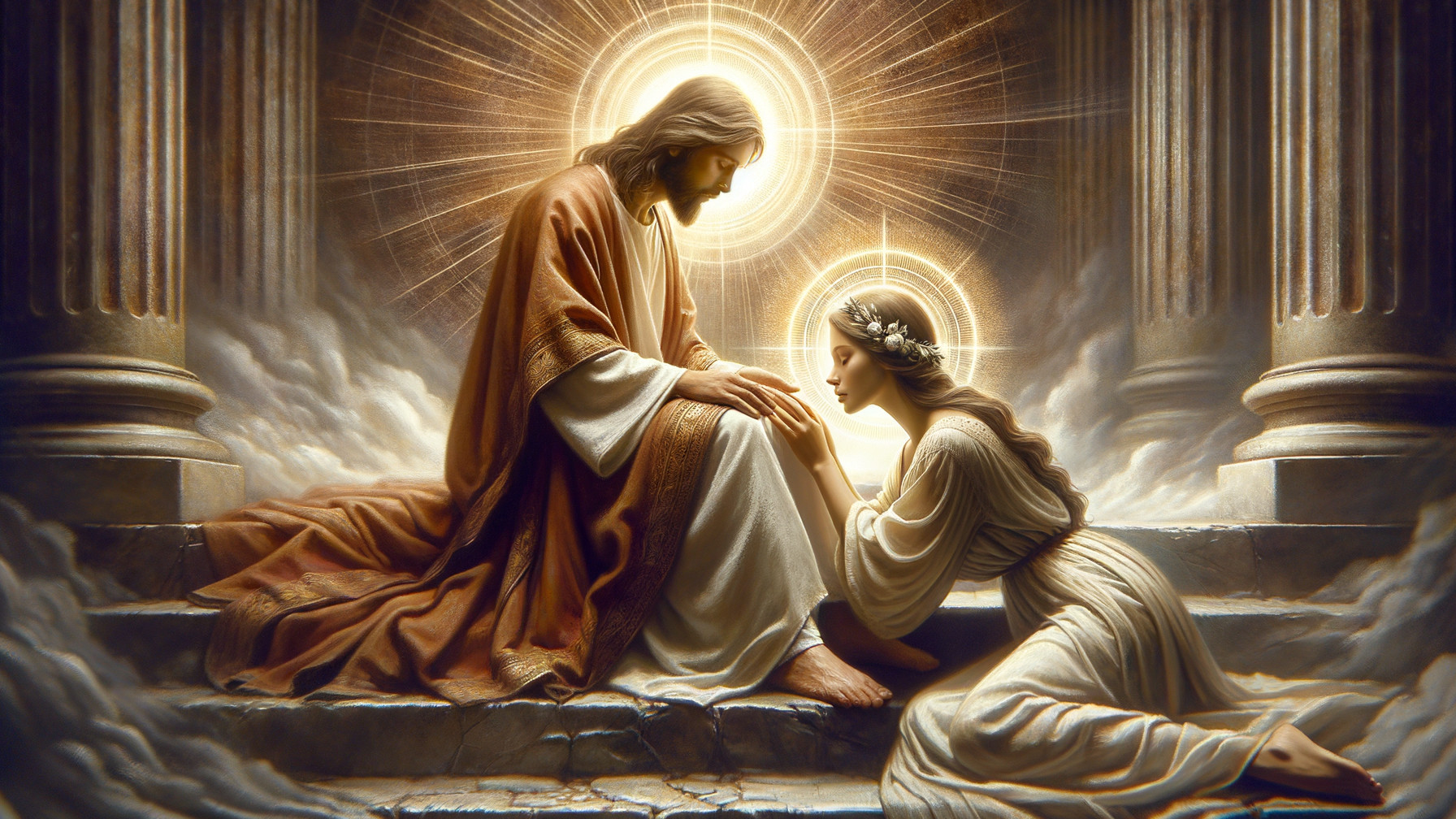 Jesus and Woman on Temple Steps in Mystical Setting