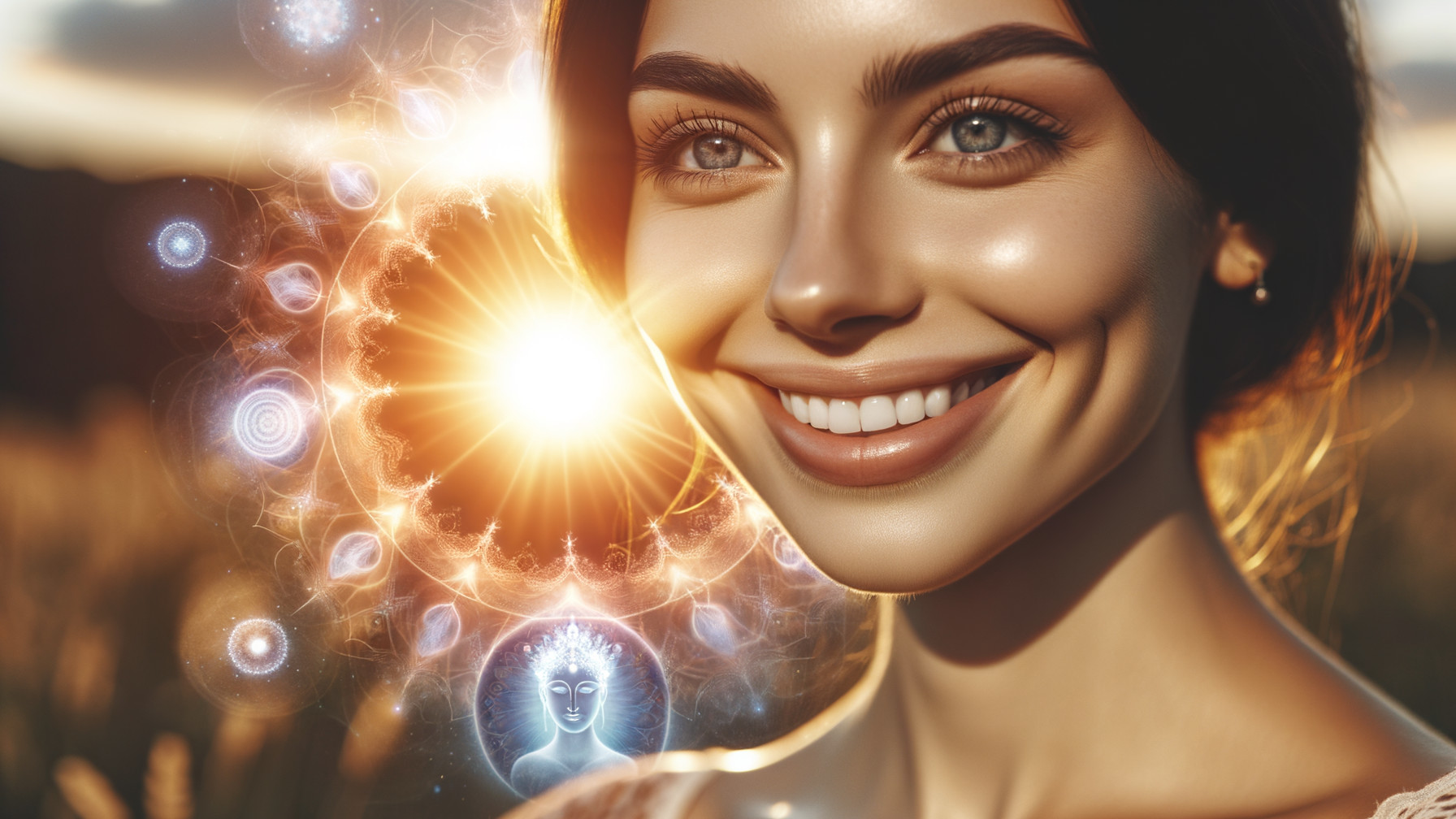 Woman in sunlit field with mystical symbols and glow