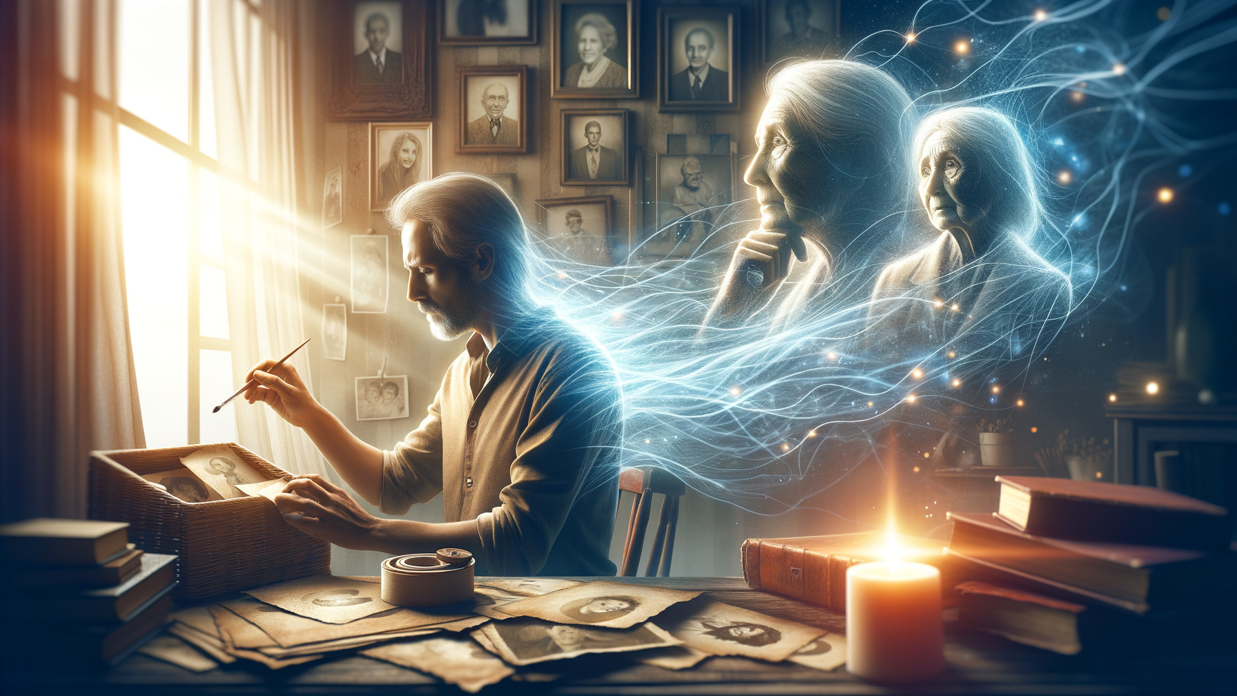 Painter in a Warmly Lit Room with Ethereal Figures