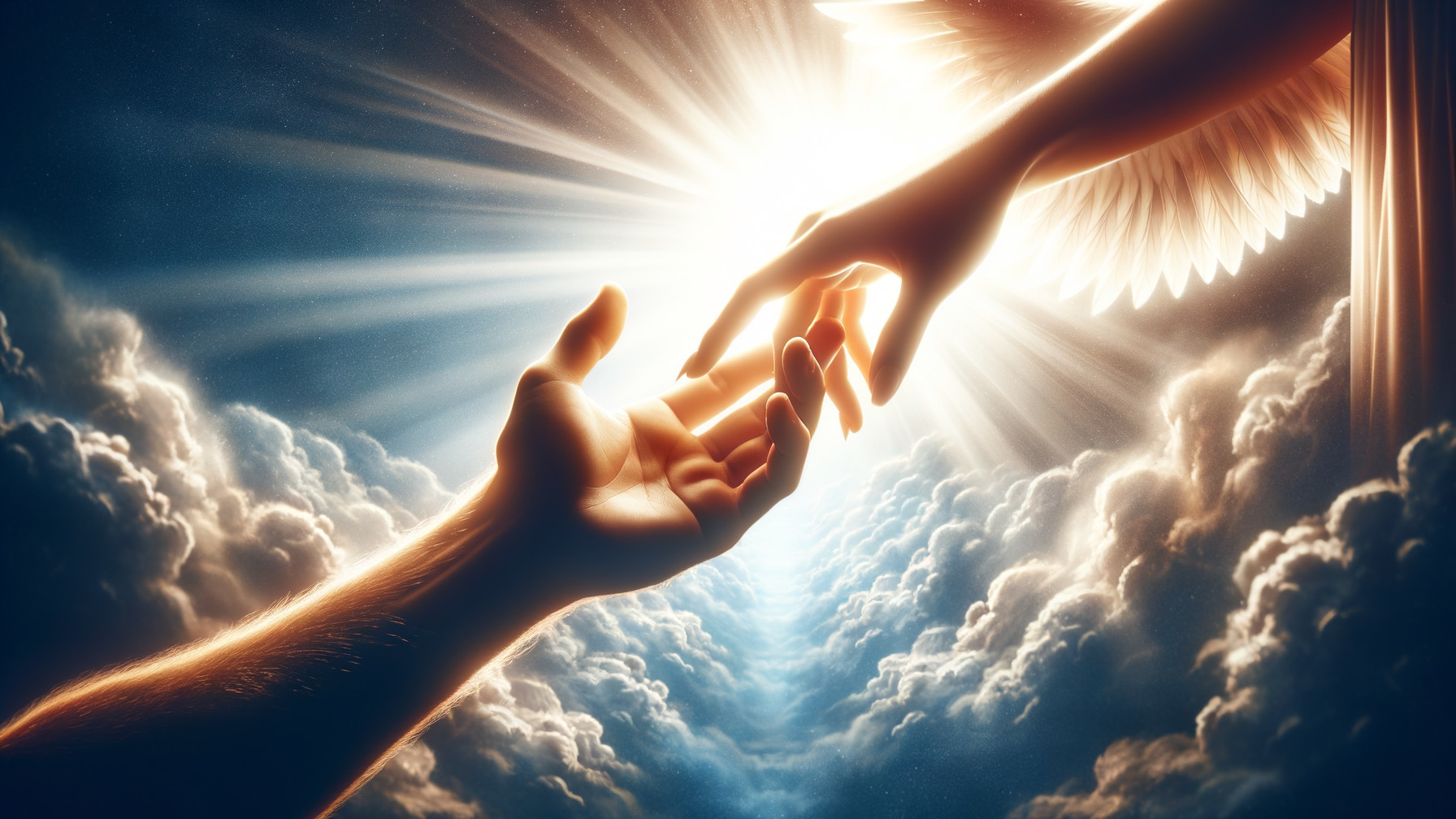 Hands Reaching Across Clouds in Divine Light Scene