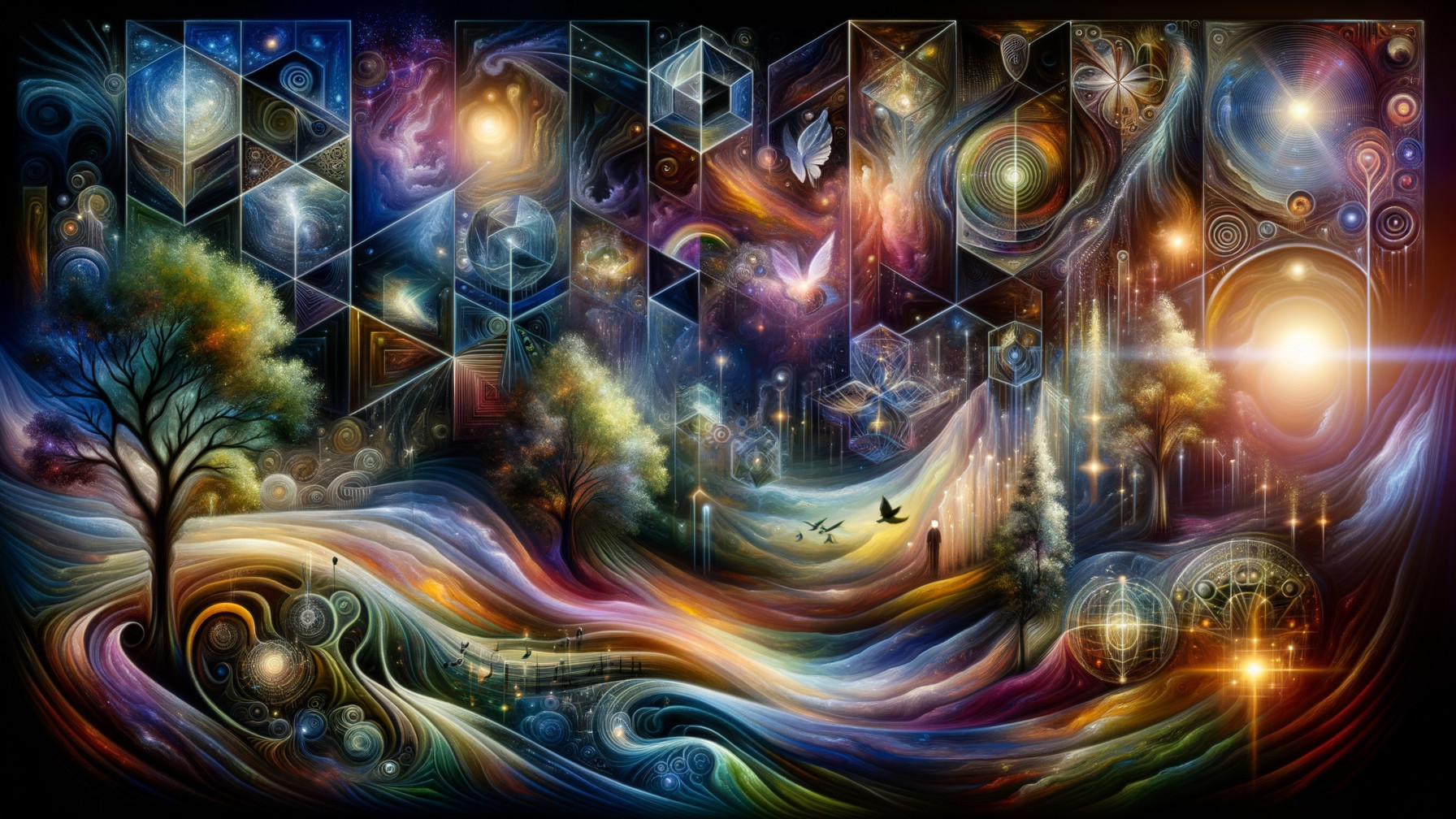 Vibrant Cosmic Landscape with Swirling Galaxies and Trees