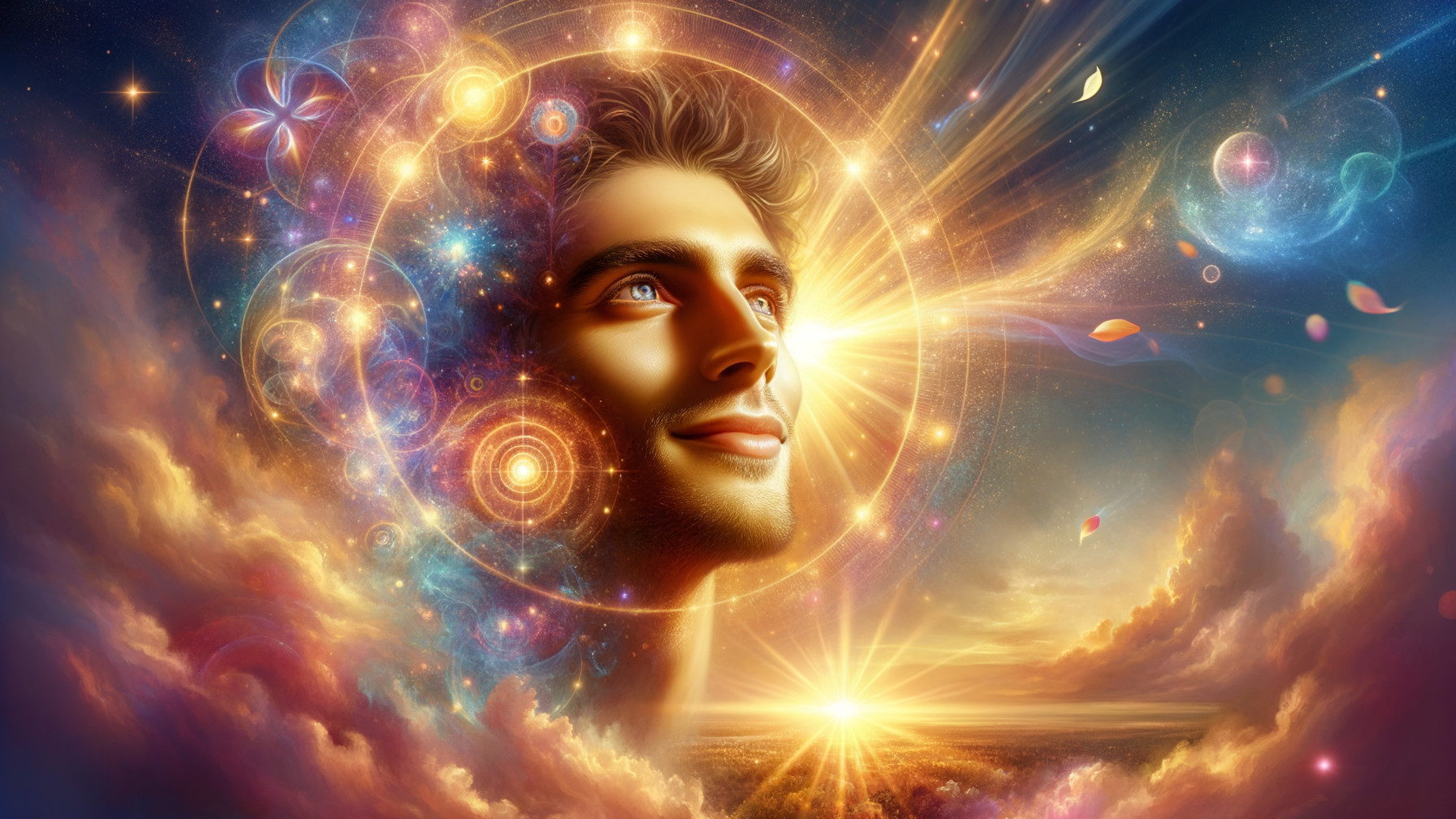 Contemplative Man Surrounded by Cosmic Elements