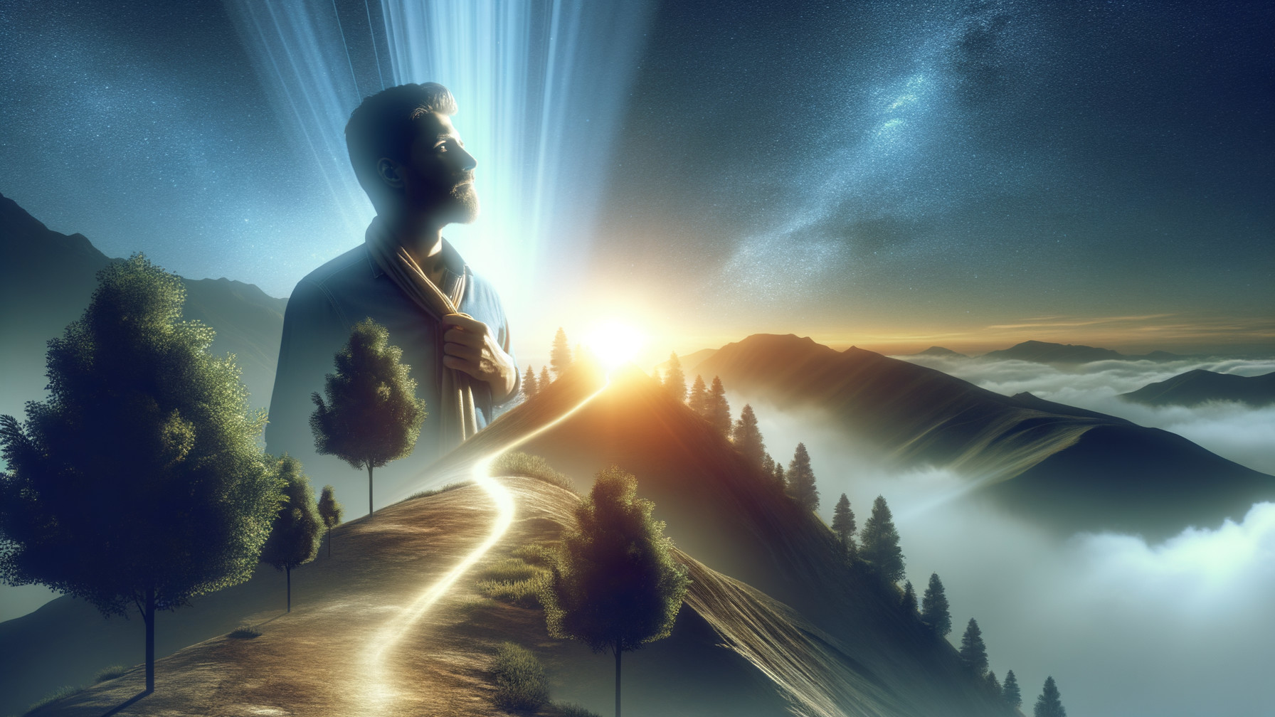 Serene landscape with winding path and ethereal figure