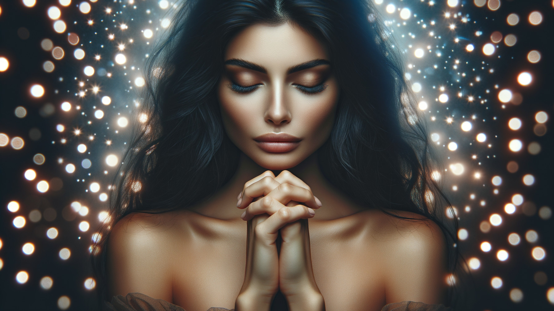 Contemplative Woman Surrounded by Twinkling Lights
