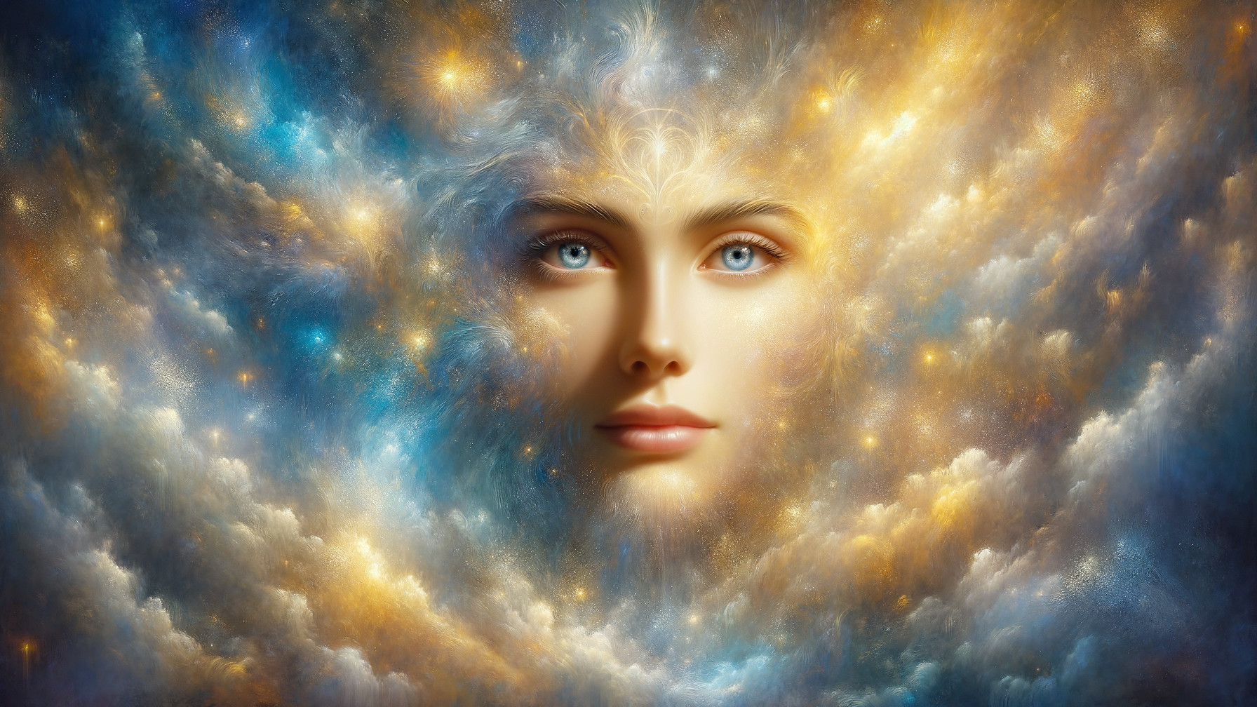 Mystical Face in Vibrant Cosmic Swirl Background