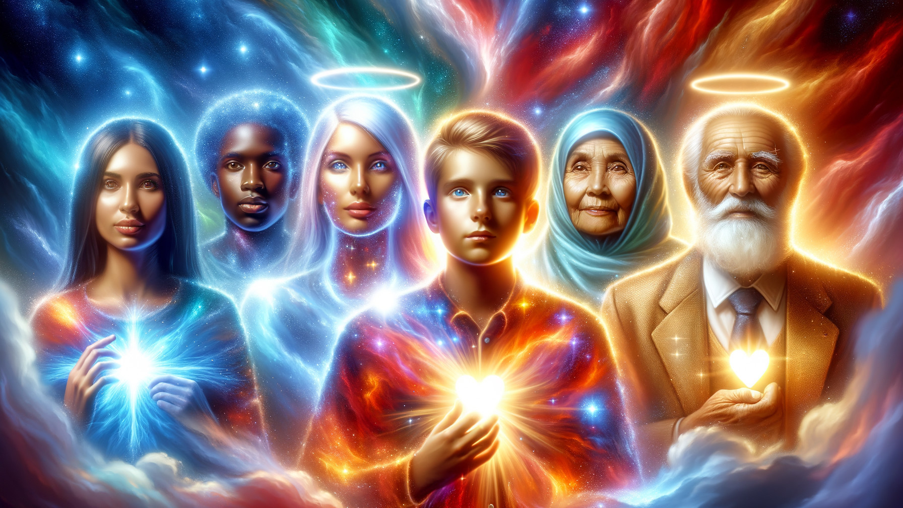 Diverse Group Holding Glowing Hearts in Cosmic Colors