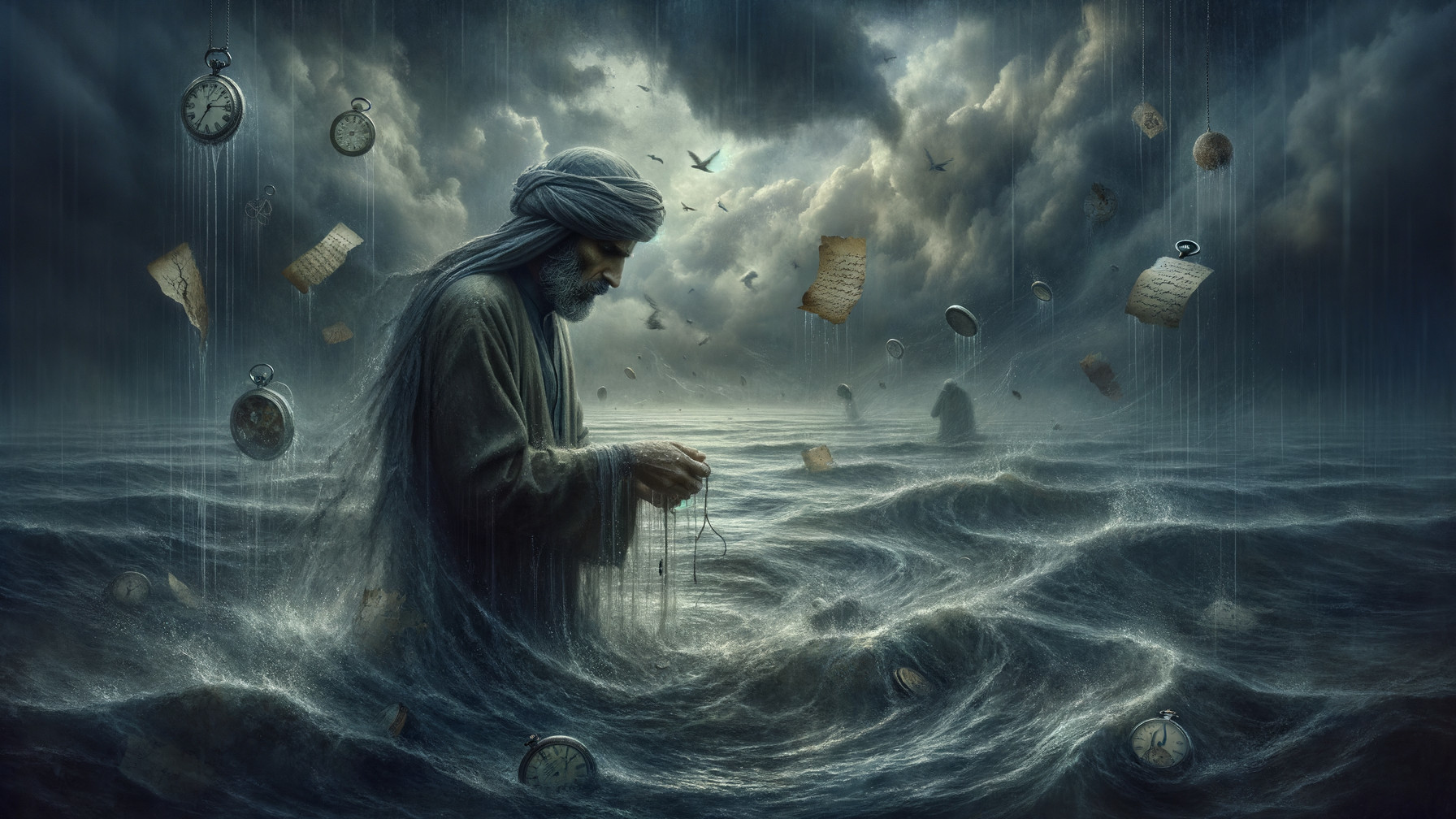 Enigmatic Figure in Stormy Sea with Floating Clocks