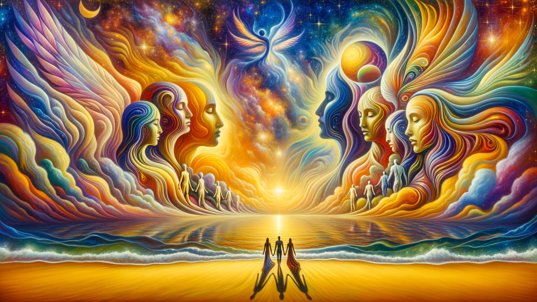 Surreal landscape with ethereal figures and sunset