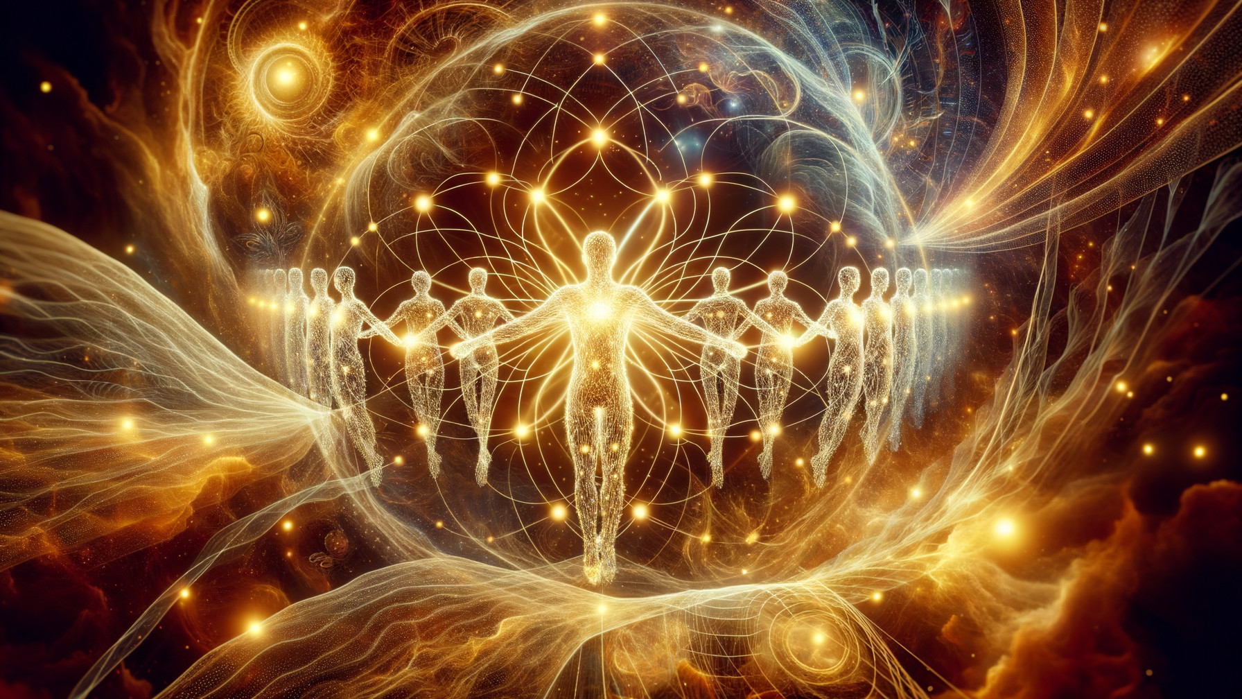 Ethereal Scene of Luminous Figures in Cosmic Harmony