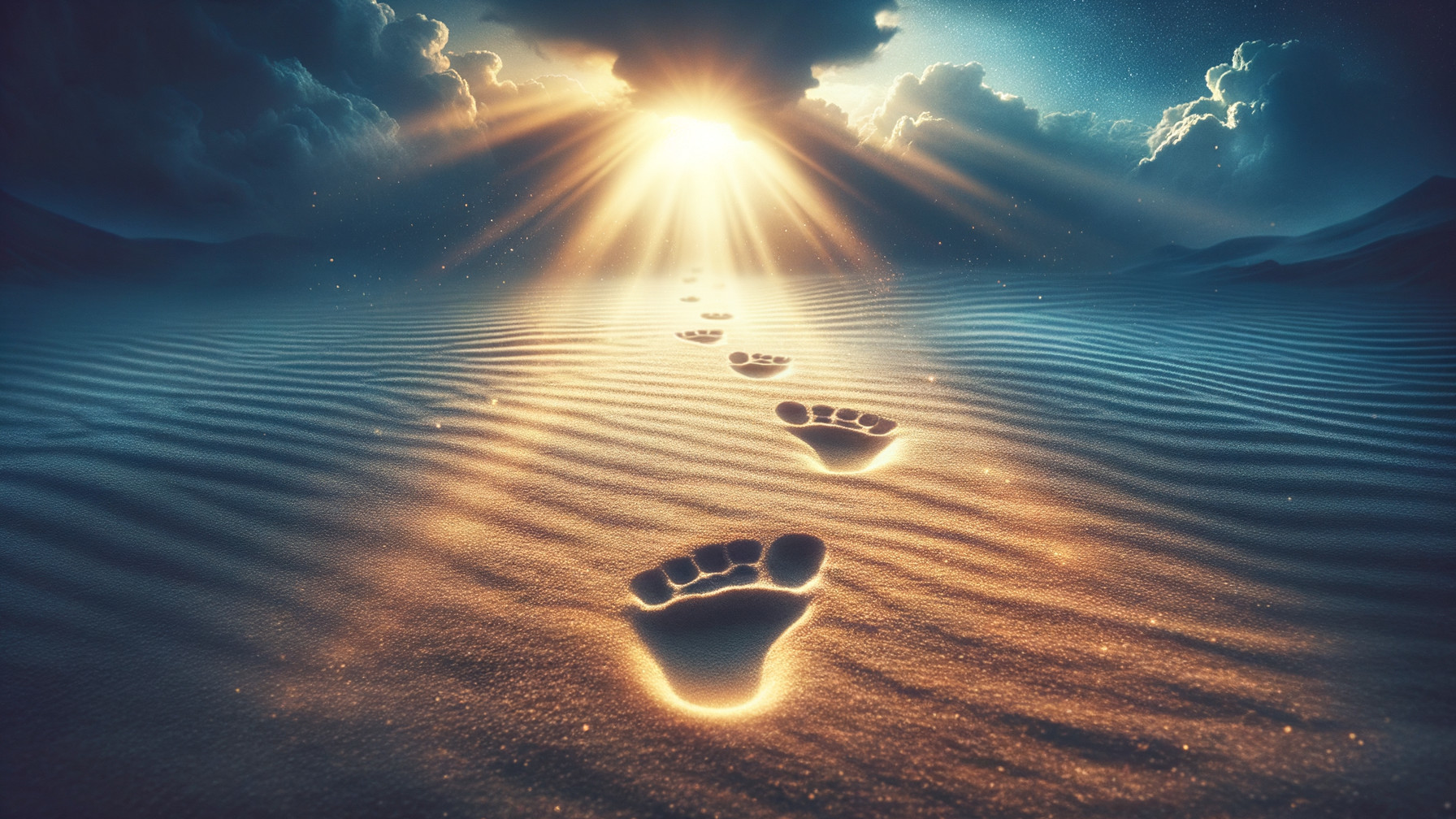 Glowing Footprints in Desert Sand Under Dramatic Sky