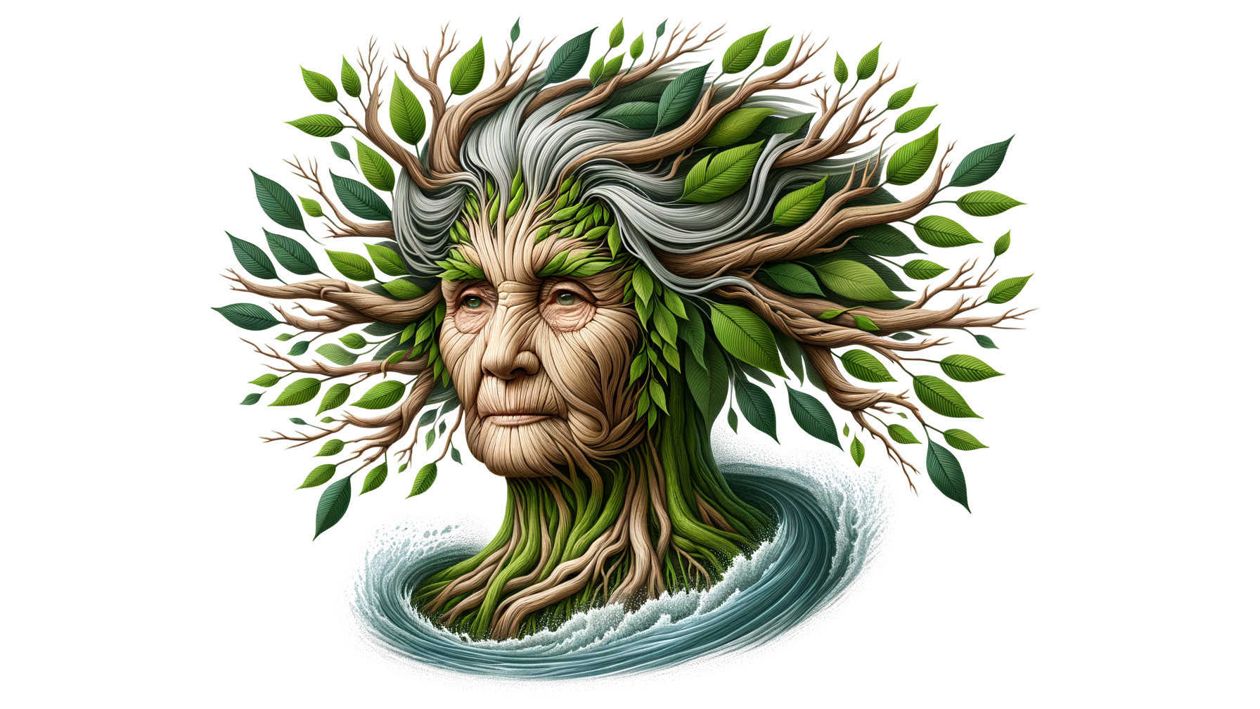 Ethereal Face in Water with Branches and Leaves