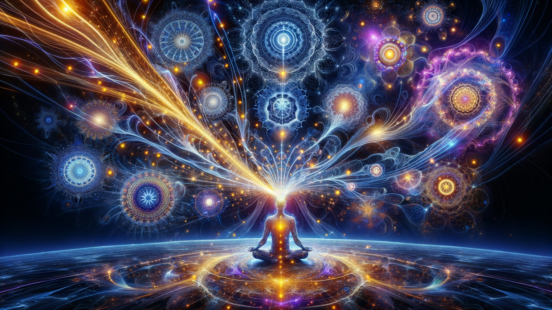 Meditative Figure Amid Vibrant Cosmic Patterns