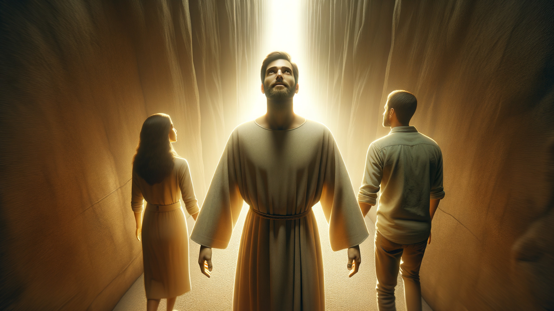 Illuminated Scene with Central Figure and Two Observers