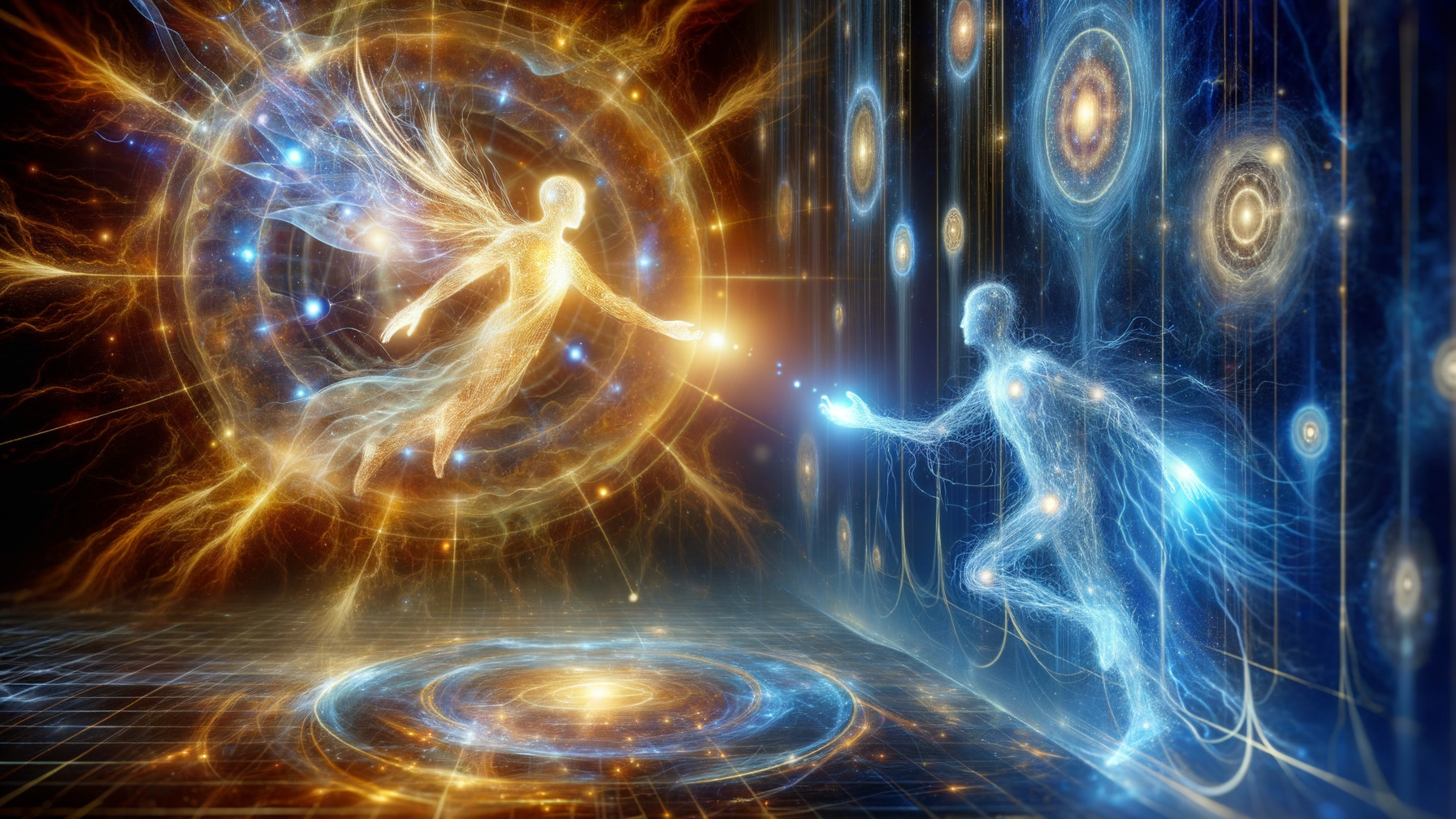 Cosmic Scene of Radiant Beings in Vibrant Colors