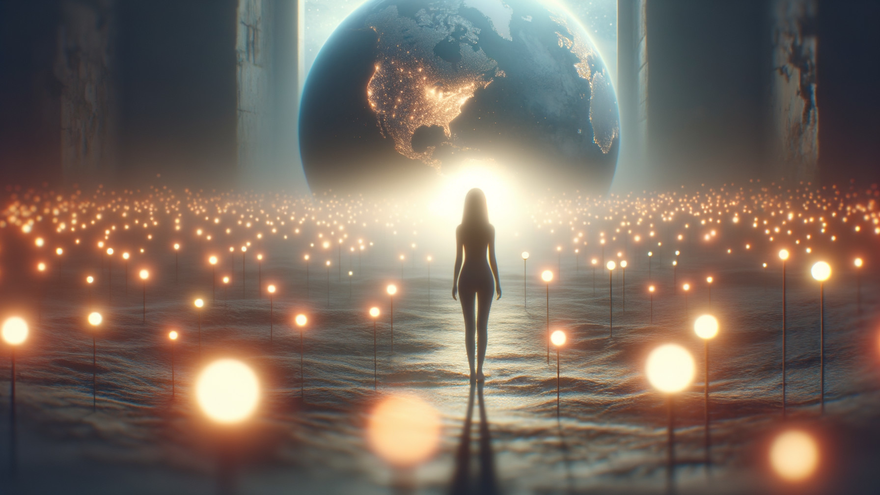 Silhouette Against Luminous Landscape and Earth