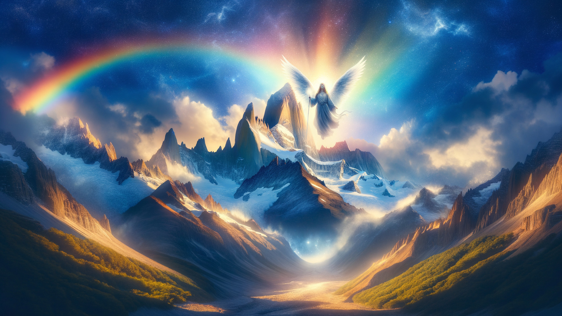 Majestic Mountains and Ethereal Angel in Vibrant Landscape