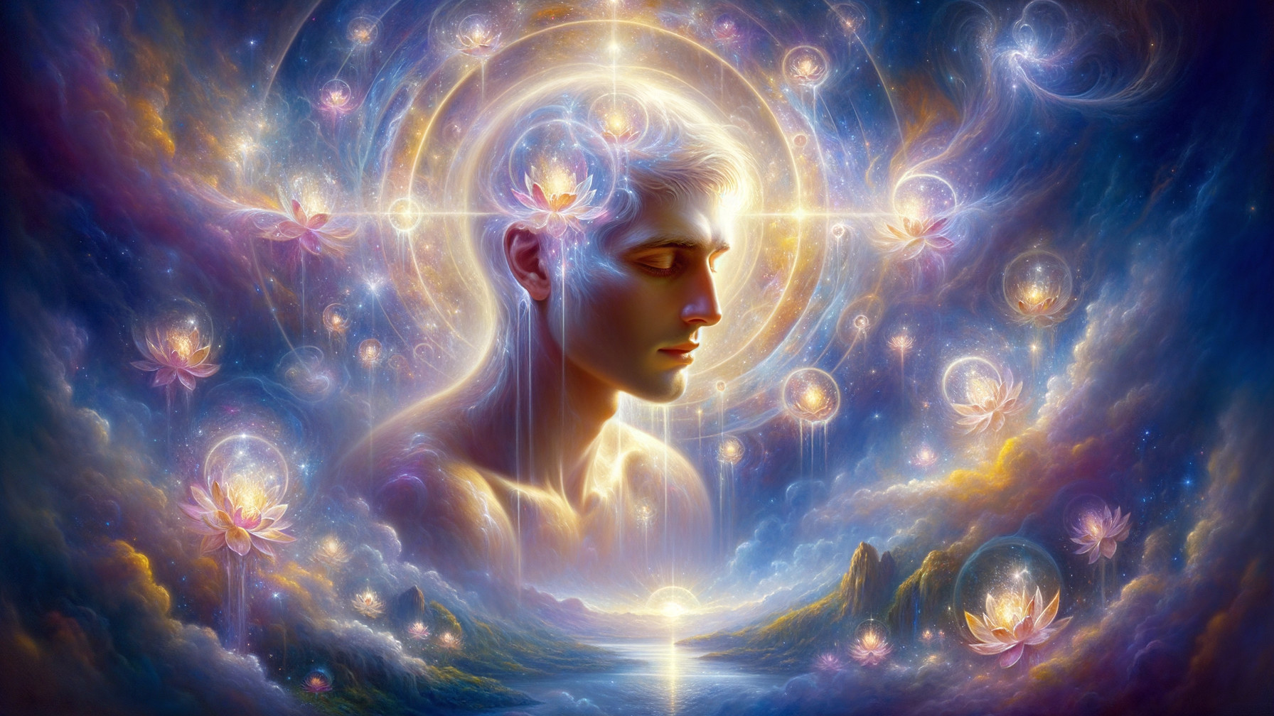 Ethereal Figure Amidst Dreamy Clouds and Lotus Flowers
