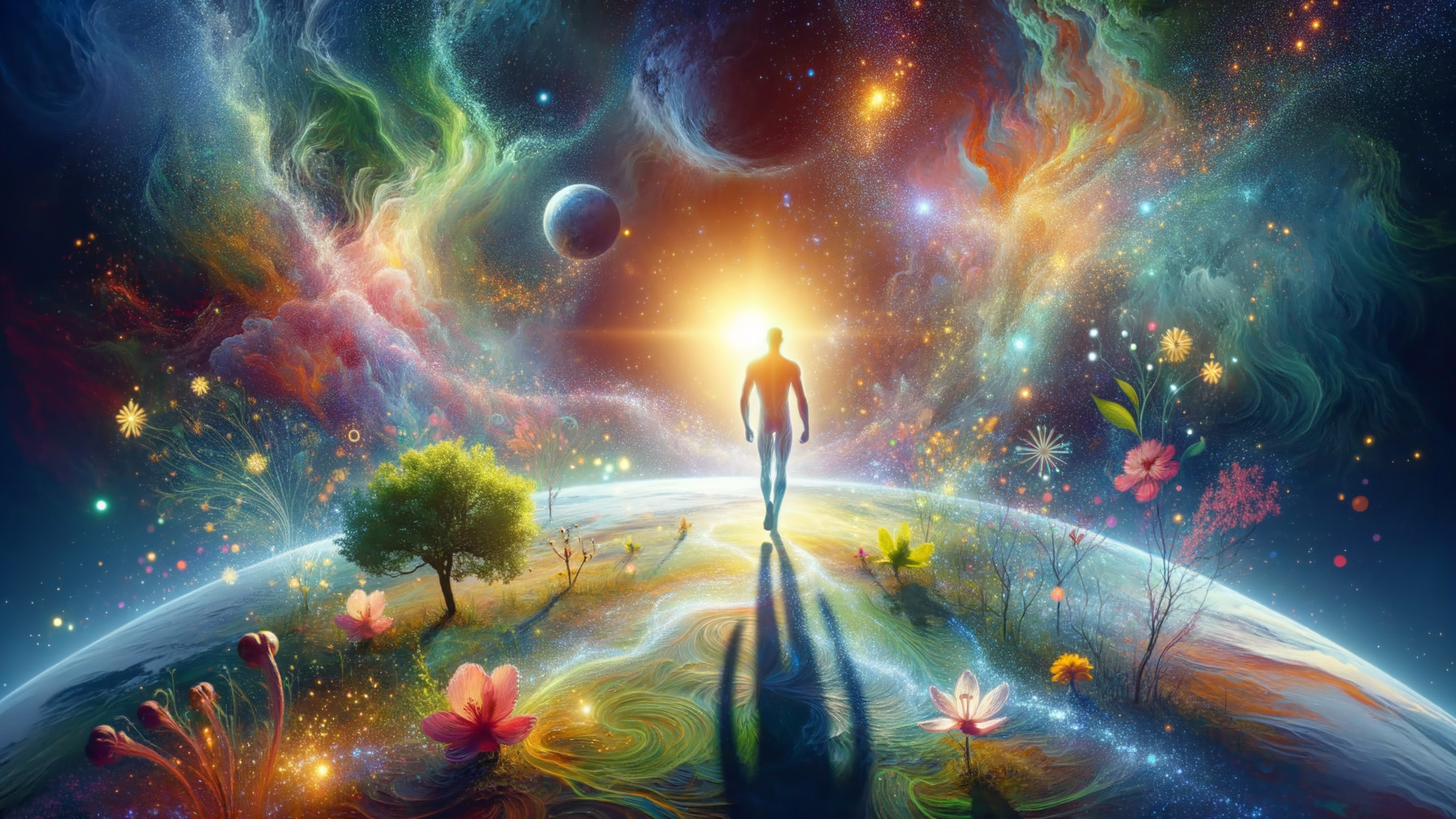 Lone Figure on Vibrant Flower-Covered Planet