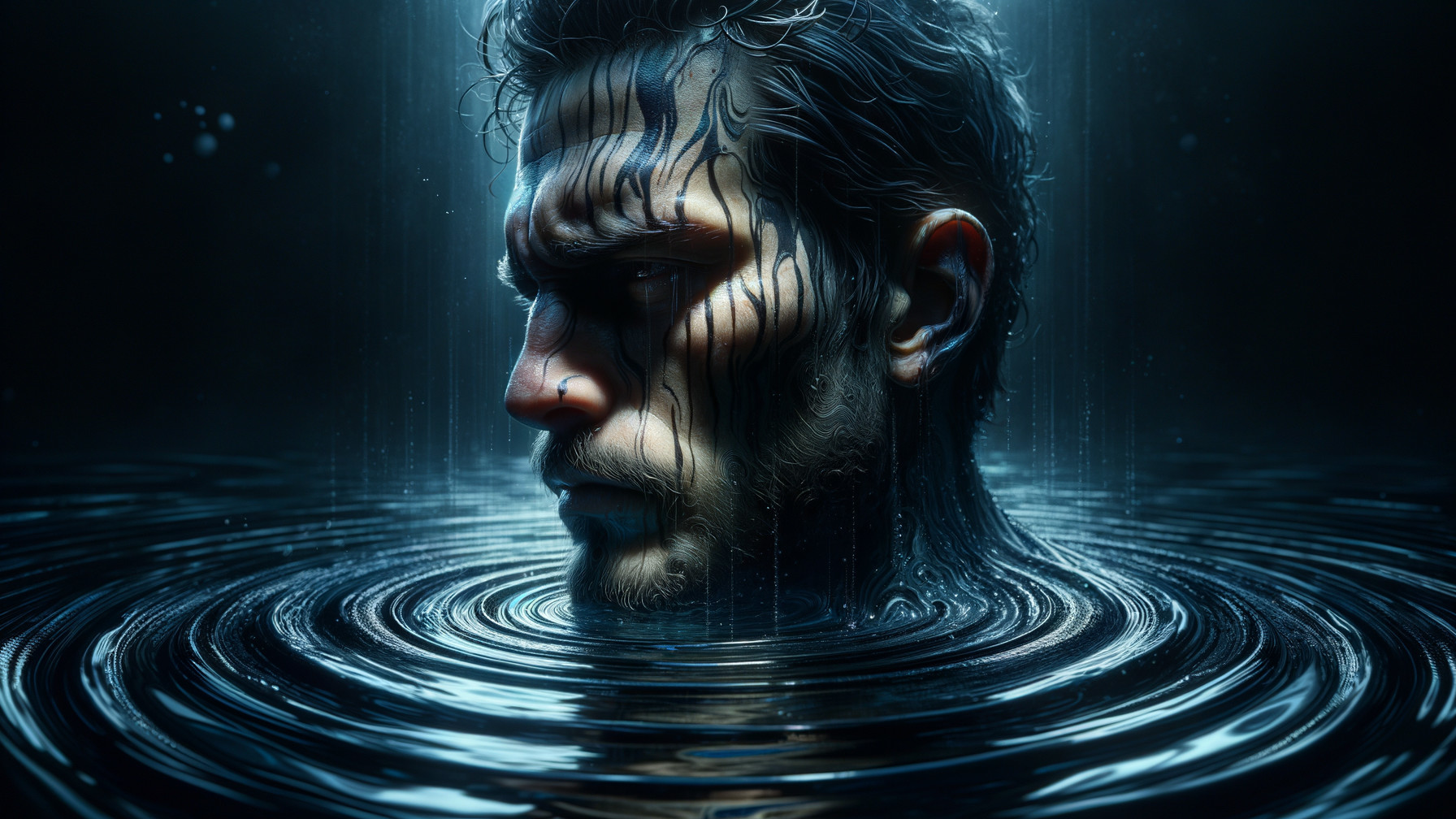 Man's Head Emerging from Dark Water with Ethereal Light