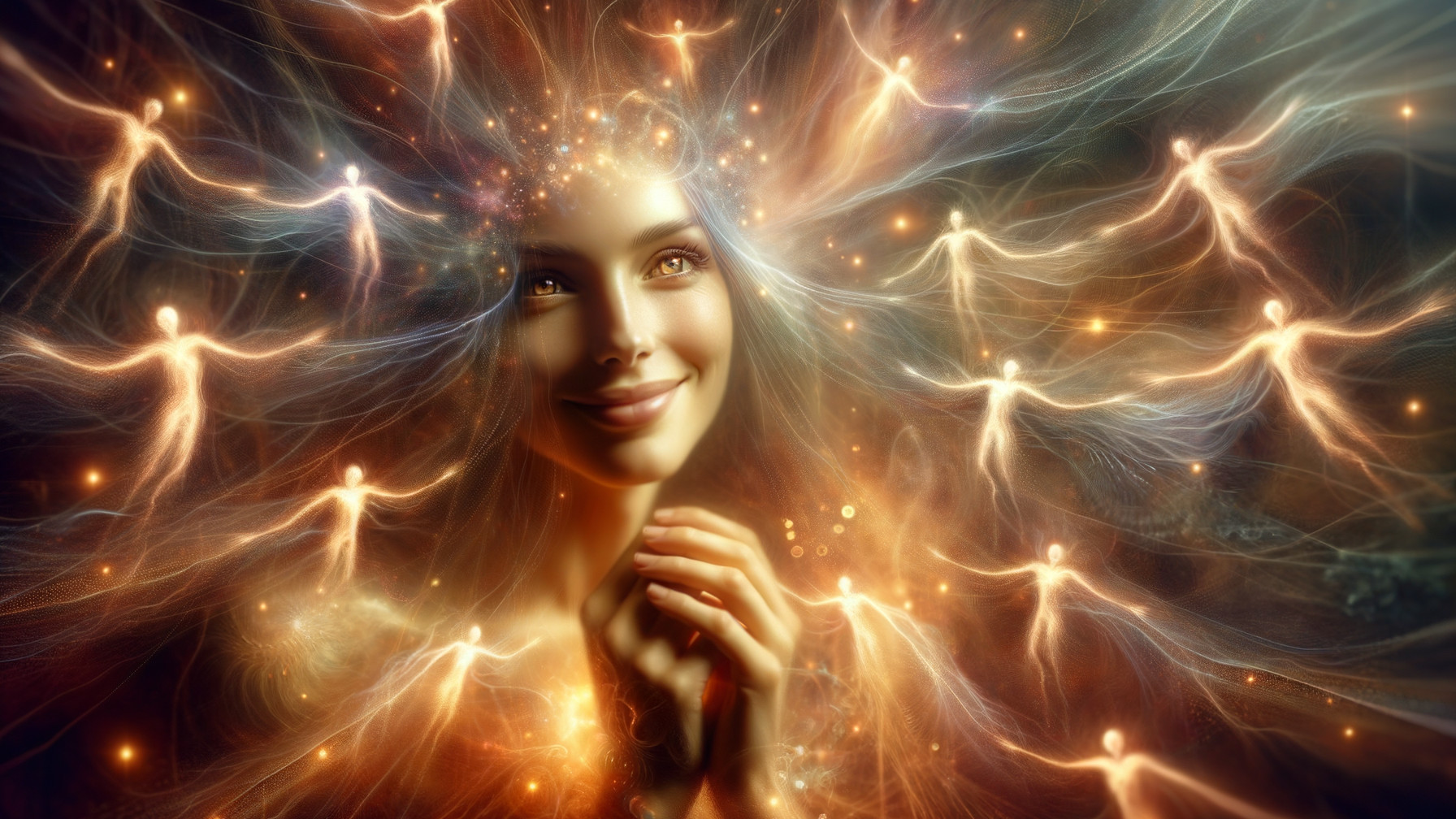 Serene Woman Surrounded by Ethereal Glowing Figures