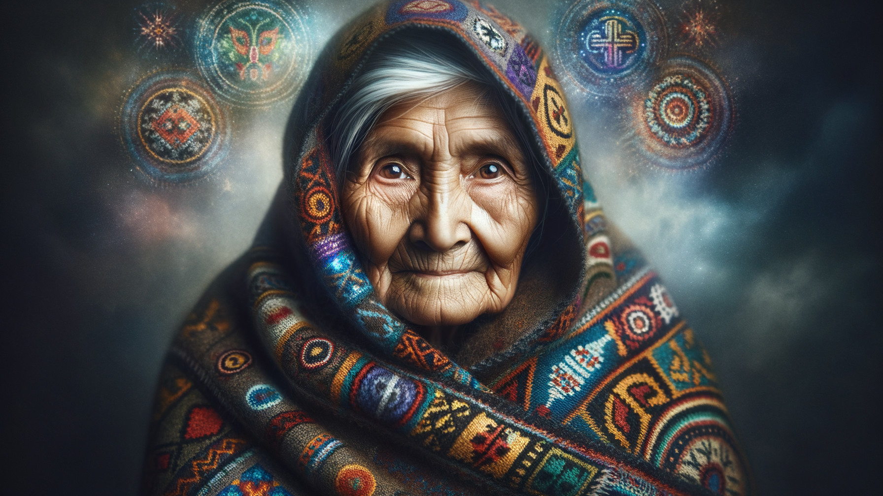 Elderly Woman in Colorful Shawl with Mystical Symbols
