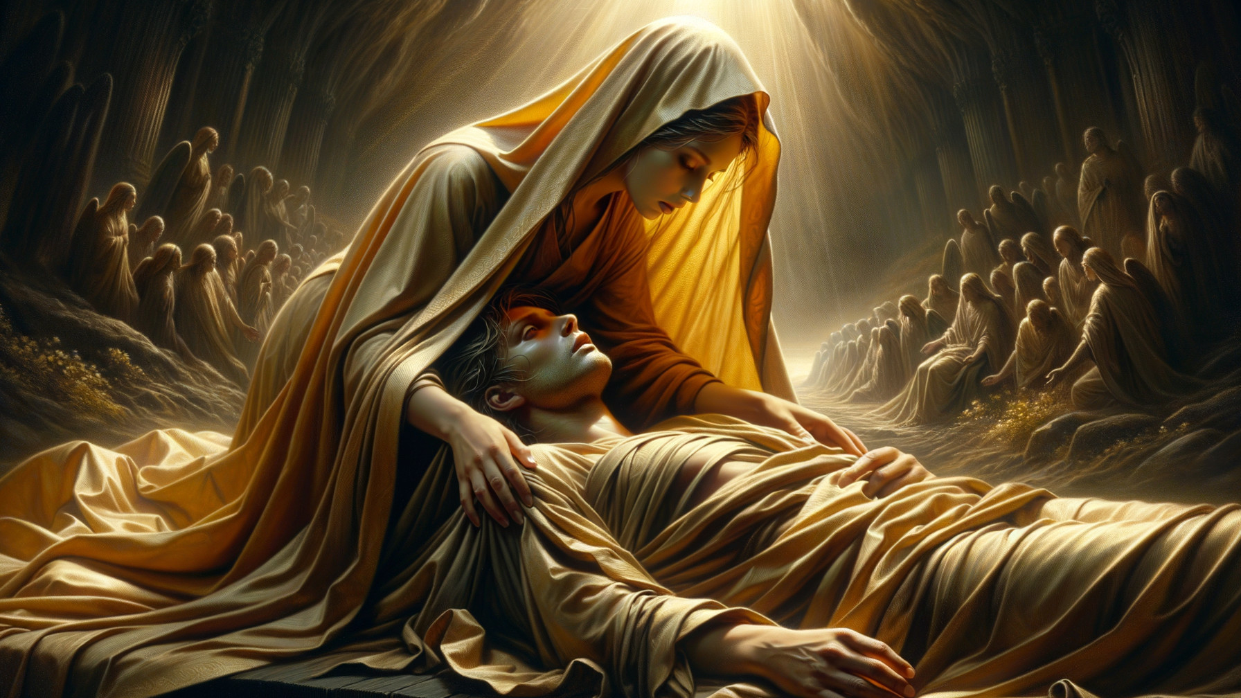Serene Scene of Woman Cradling Lifeless Young Man