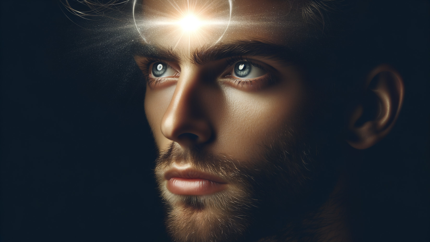 Close-up of a young man with blue eyes and chiseled features