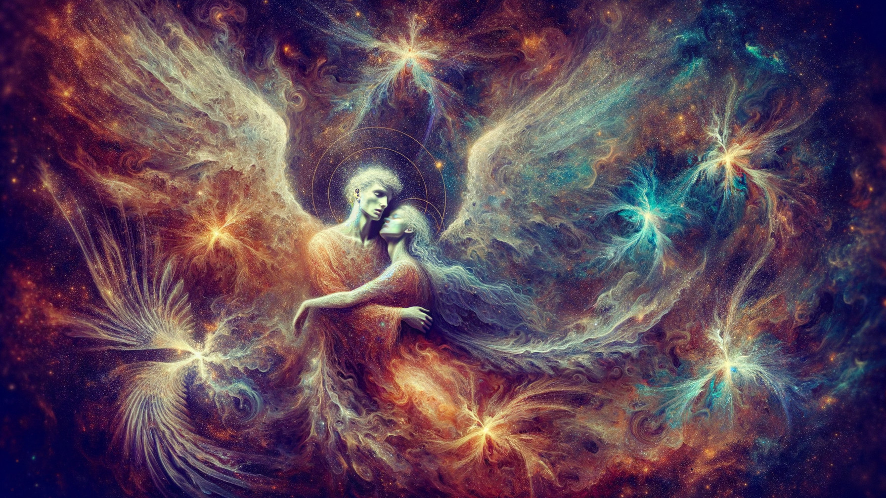 Celestial Embrace of Ethereal Figures in Cosmic Scene
