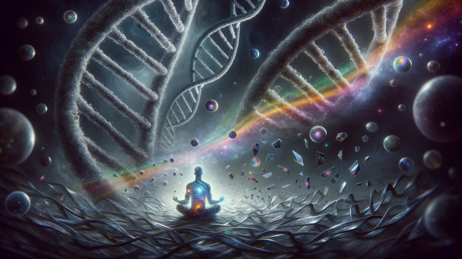 Meditative Figure in Cosmic Landscape with DNA and Crystals