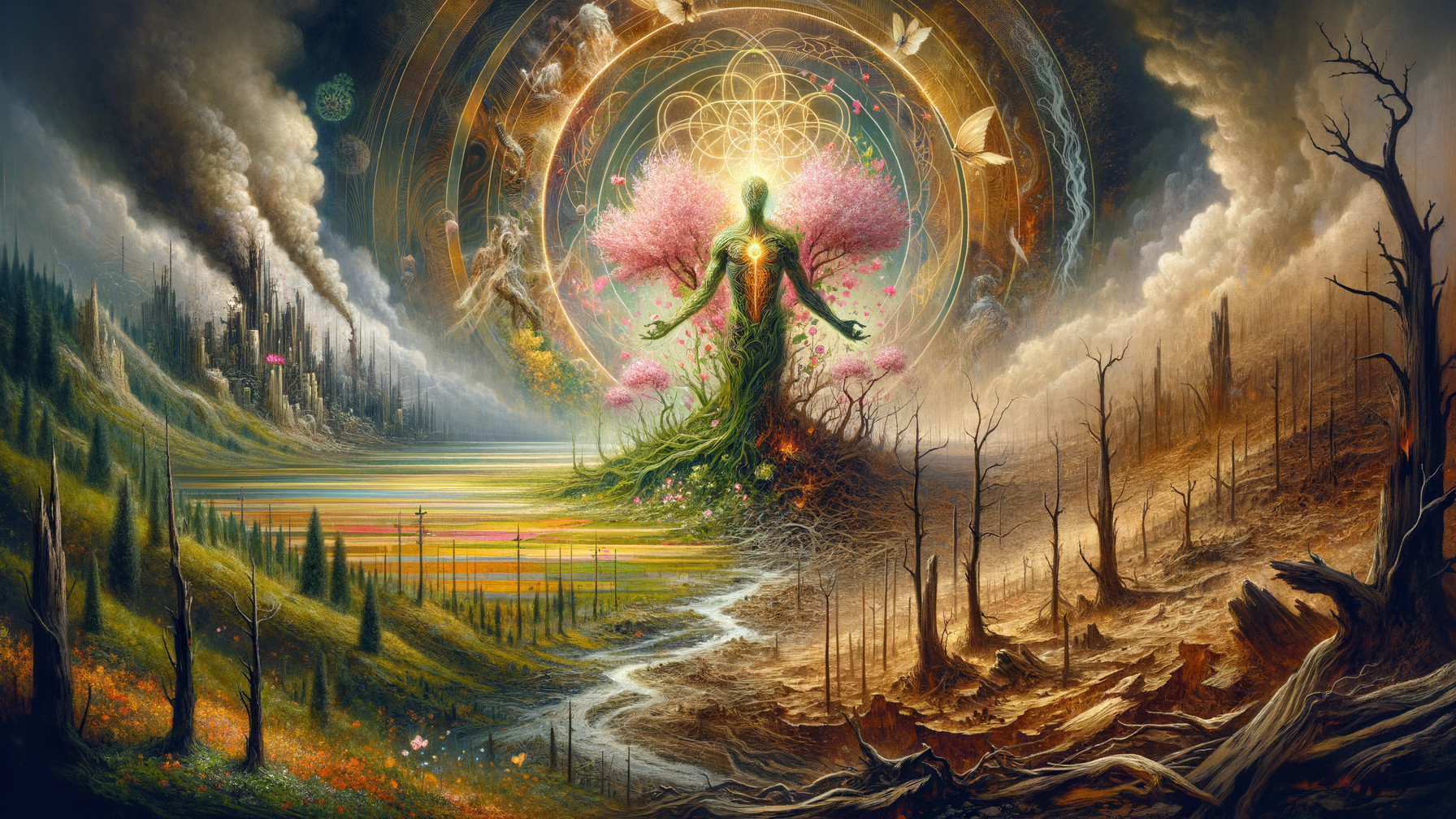 Digital Painting of Life and Decay with Glowing Figure