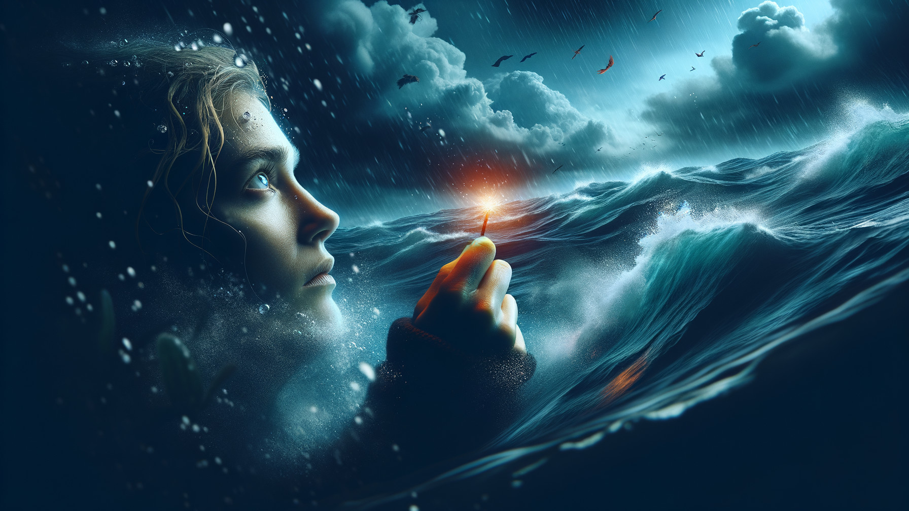 Young person in turbulent ocean with candlelight glow