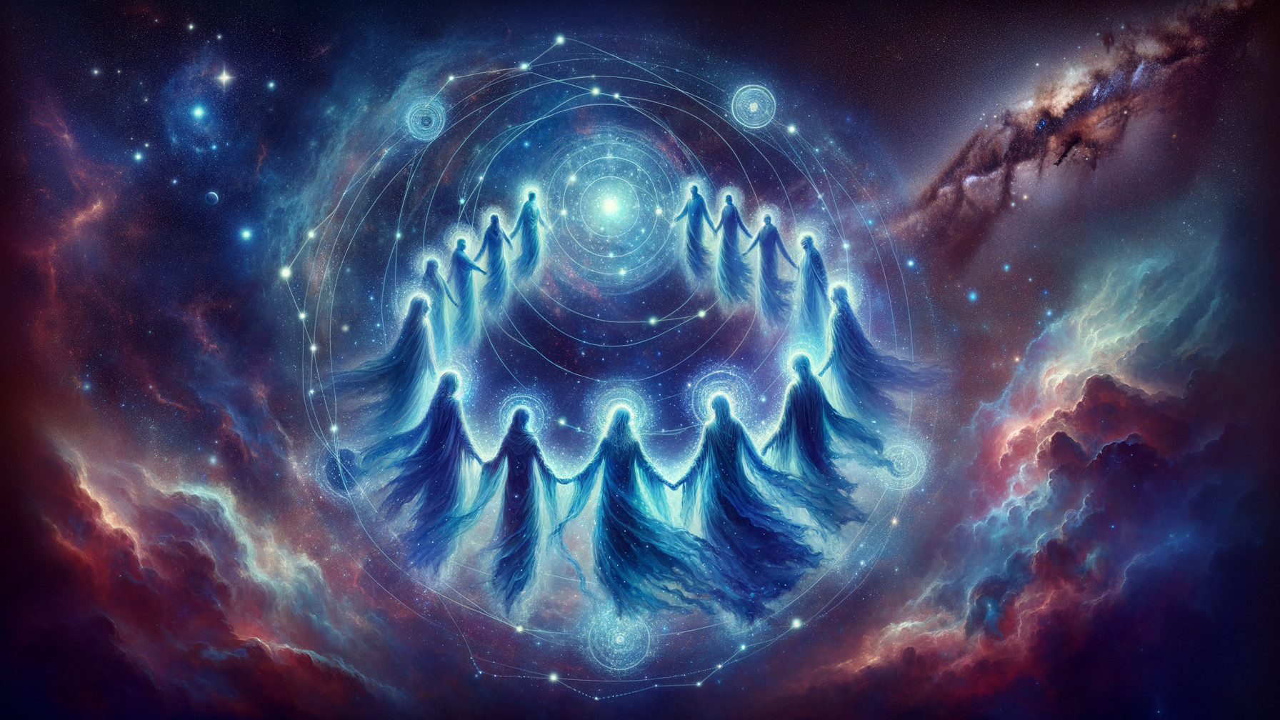 Vibrant Cosmic Scene with Ethereal Figures and Light