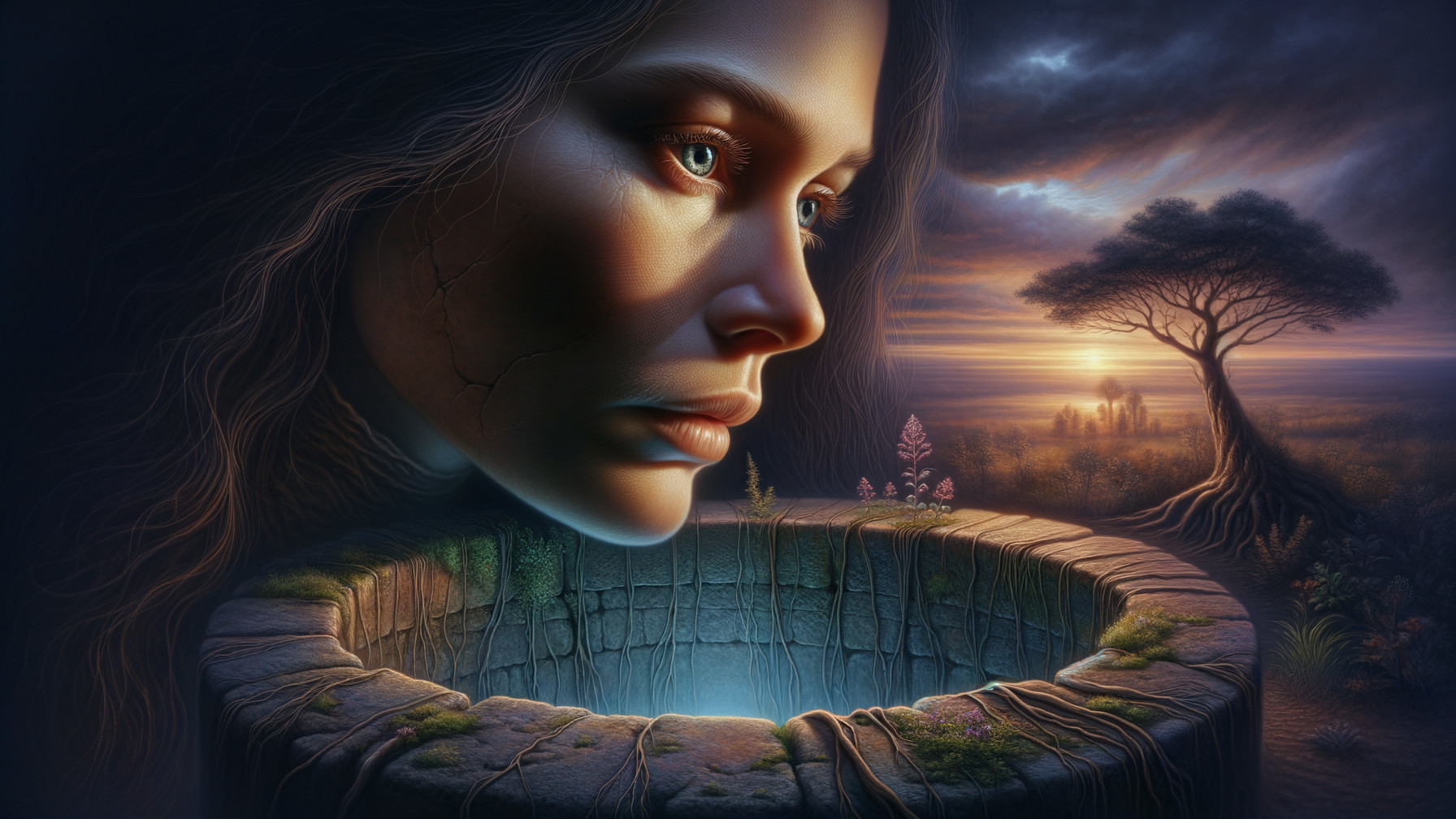Surreal Woman's Face Merging with Mystical Landscape