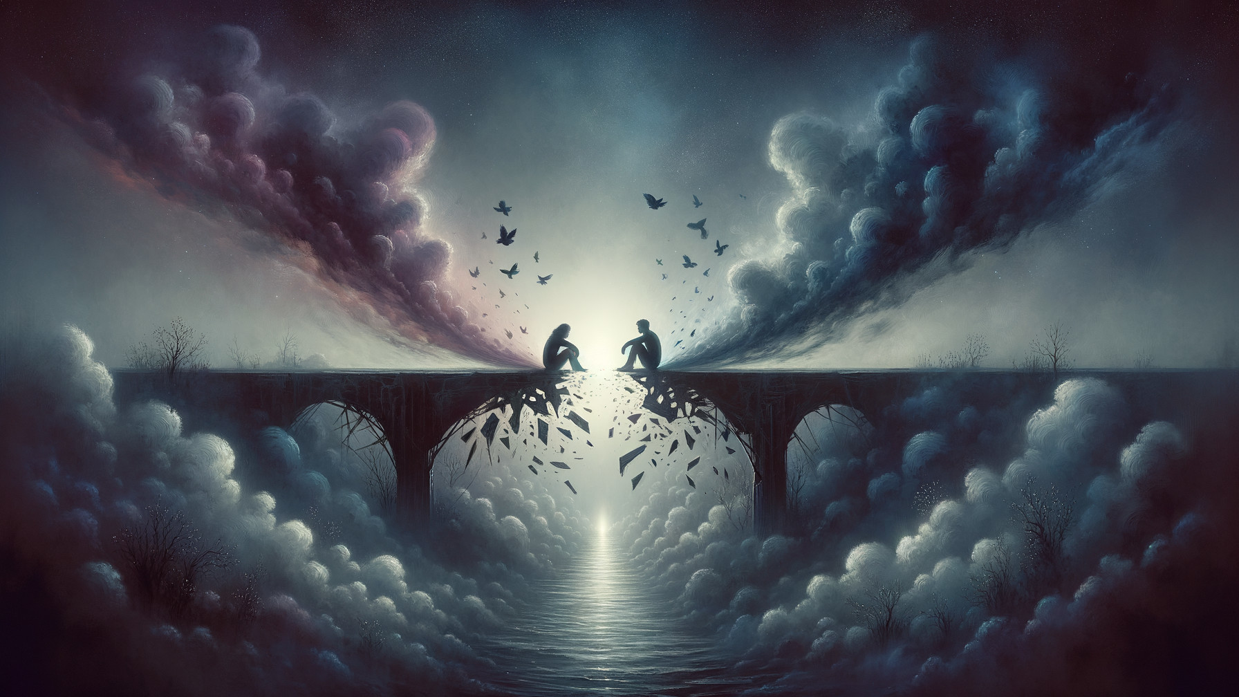 Surreal Landscape with Figures on Ancient Stone Bridge
