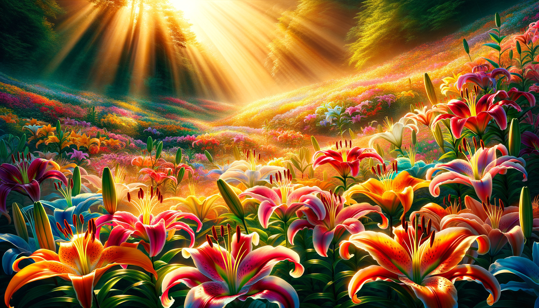 Sunlit Field of Lilies Amid Multicolored Floral Landscape