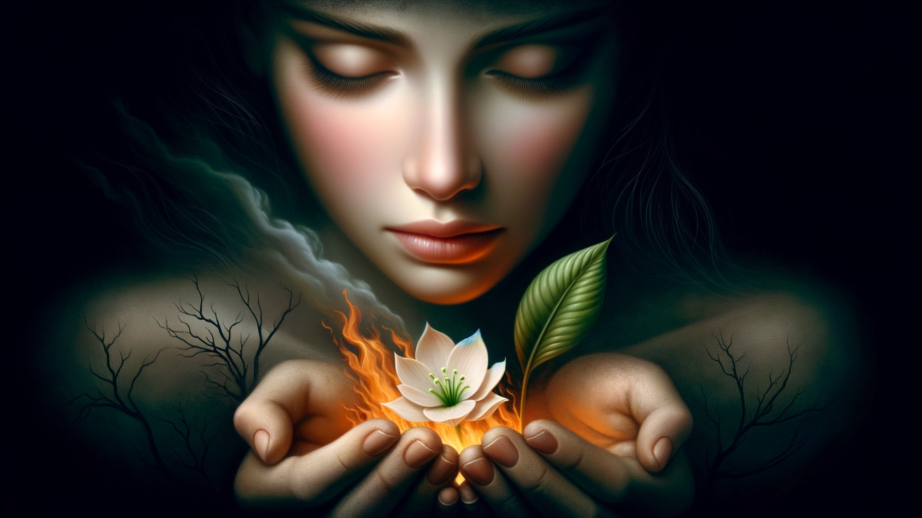 Tranquil Woman with Lotus Flower and Flames