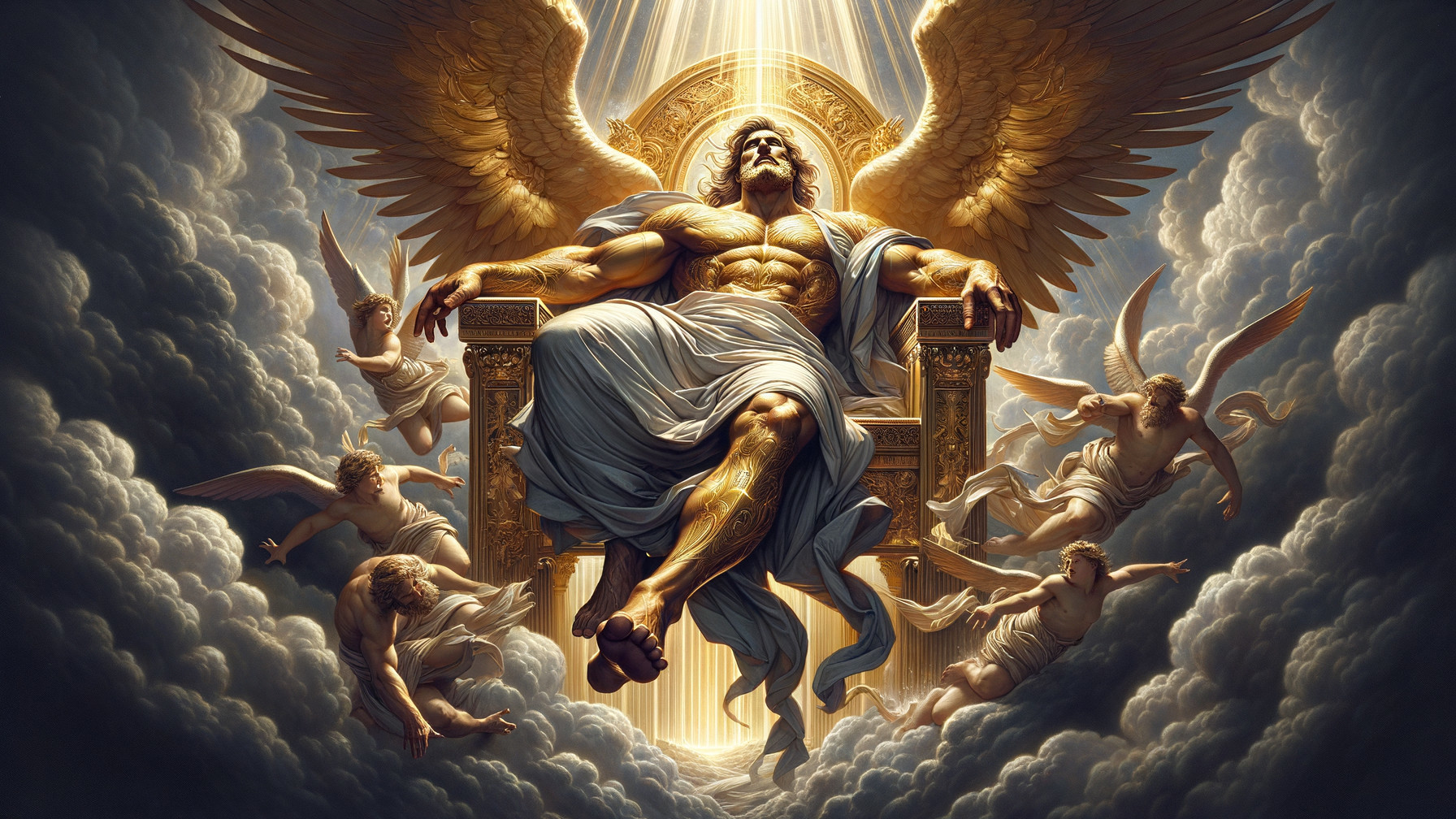 Muscular Man with Golden Wings on Throne in Clouds