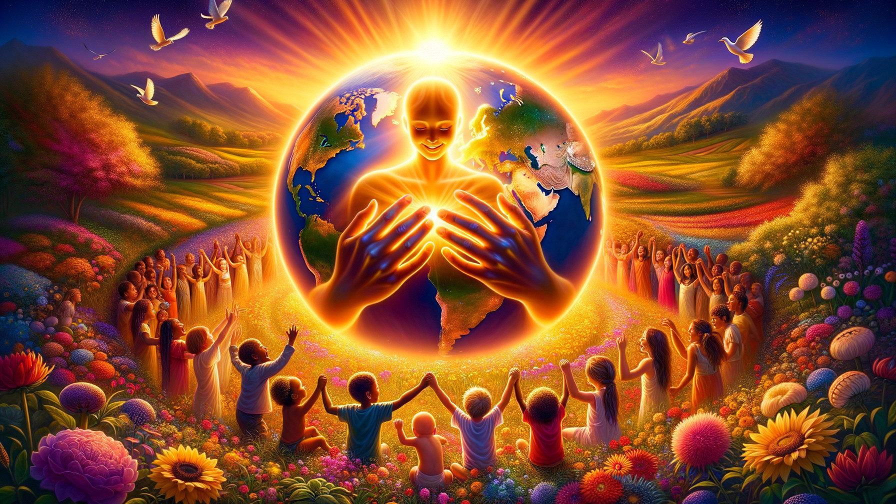 Glowing Figure Cradles Earth in Vibrant Landscape