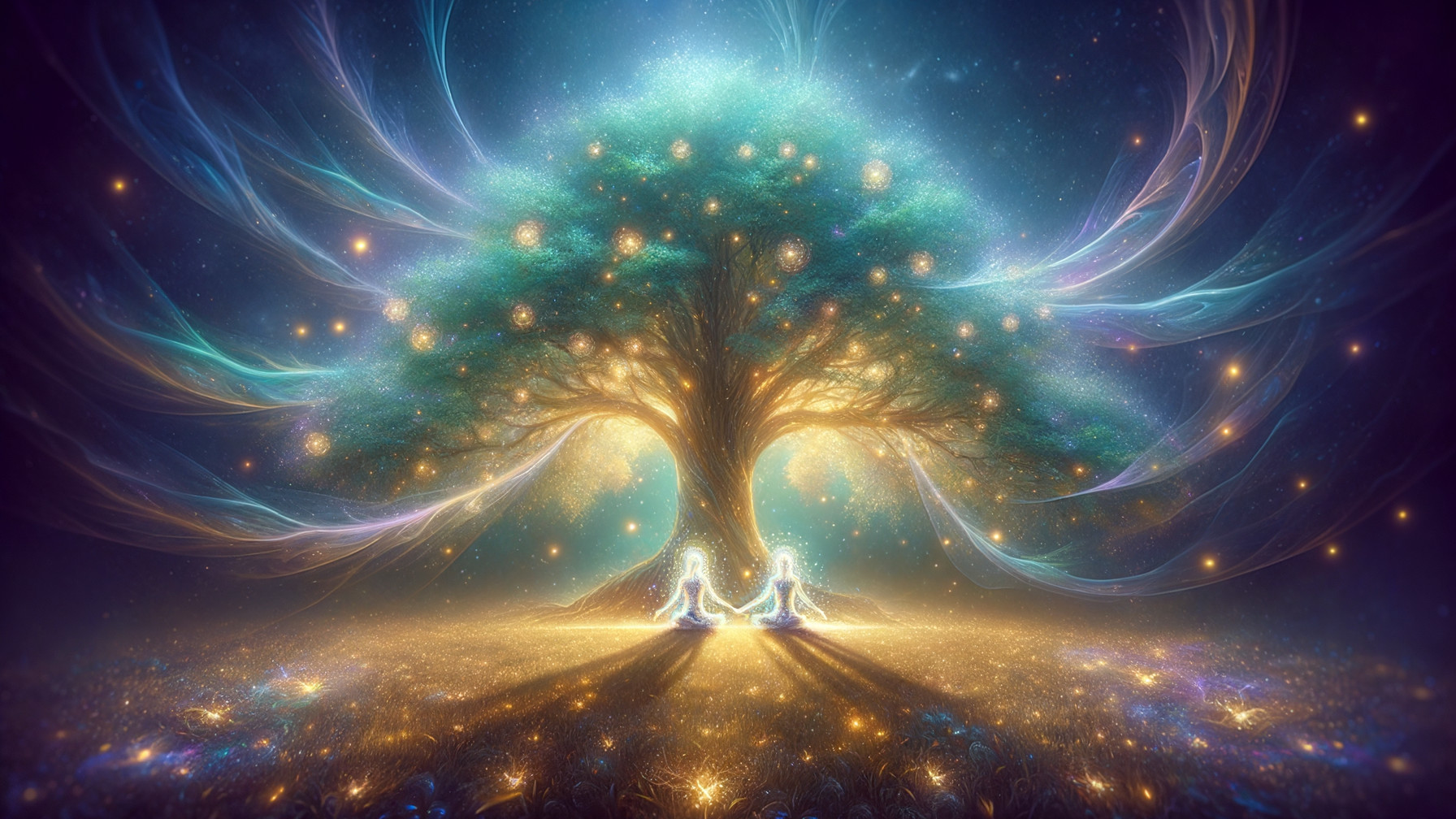 Mystical tree with glowing colors and meditating figures