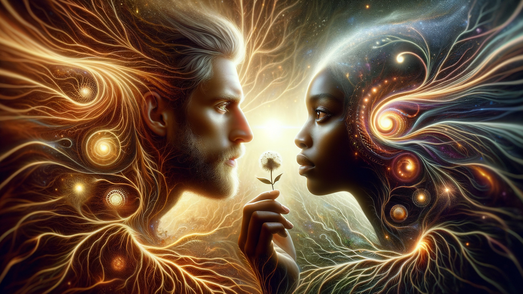 Intimate Faces Surrounded by Cosmic Patterns and Light