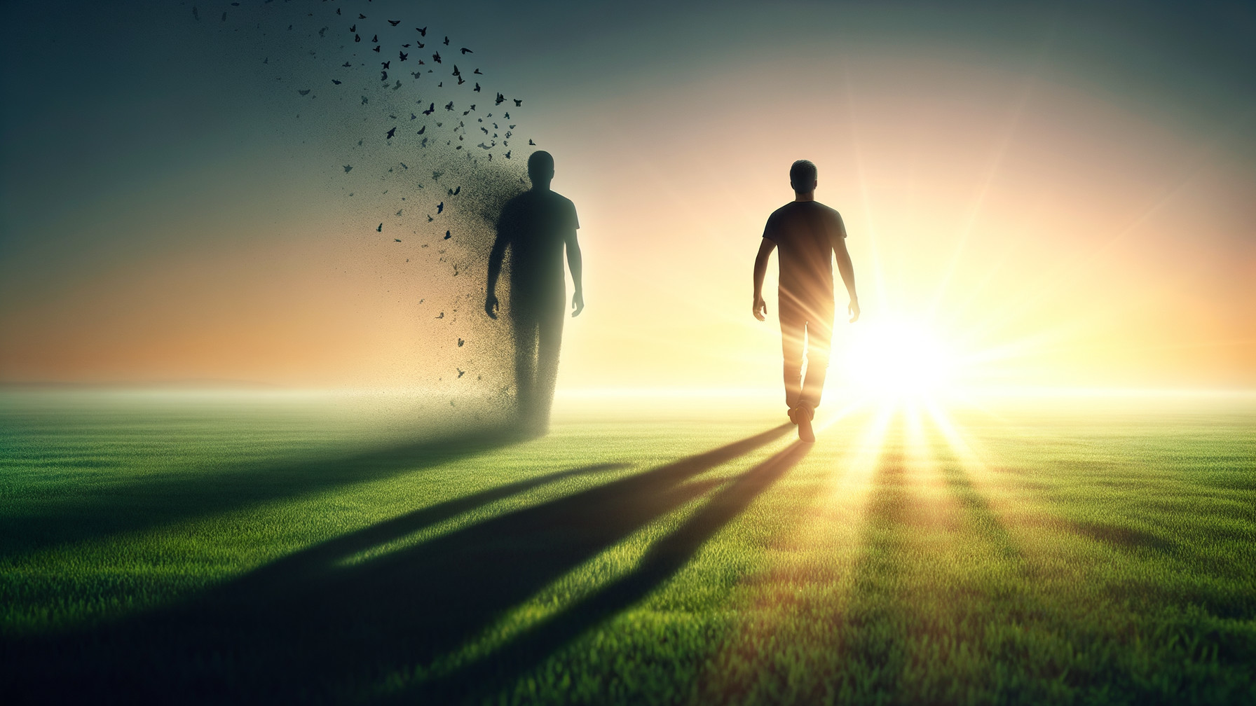 Figures Walking Towards a Sunset with Symbolic Elements