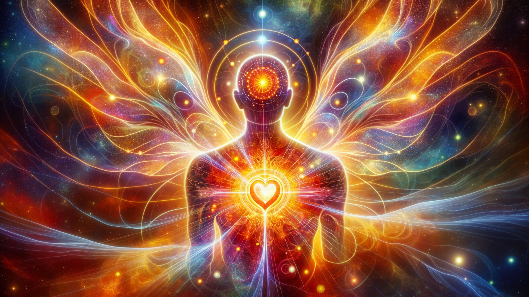 Silhouette with Colorful Wings and Glowing Heart