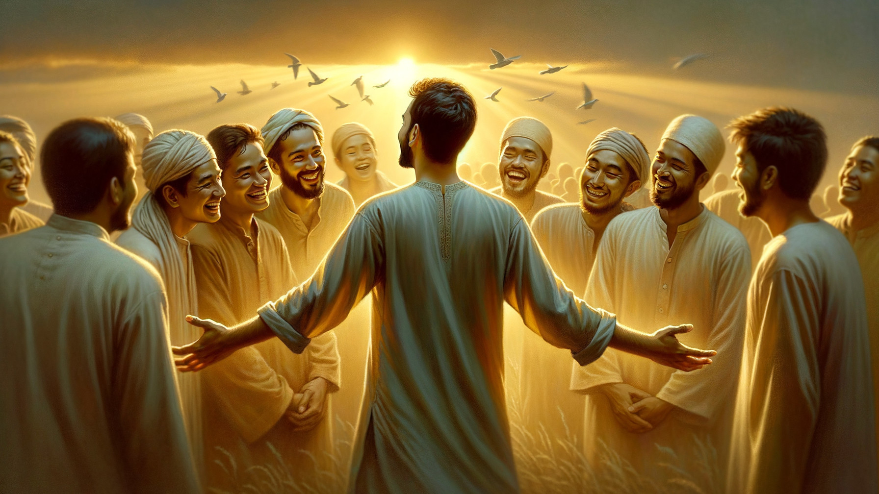 Serene Gathering of Men in Golden Sunlight