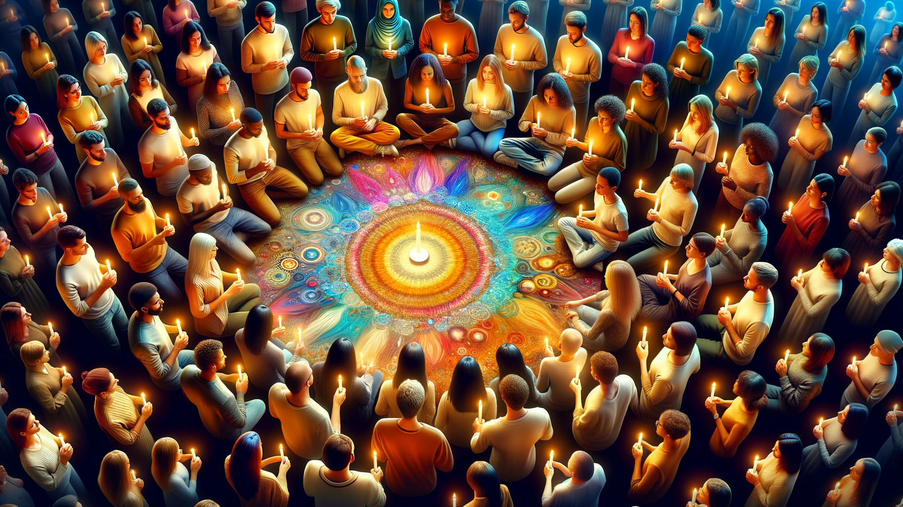 Diverse Group Meditates Around Glowing Mandala