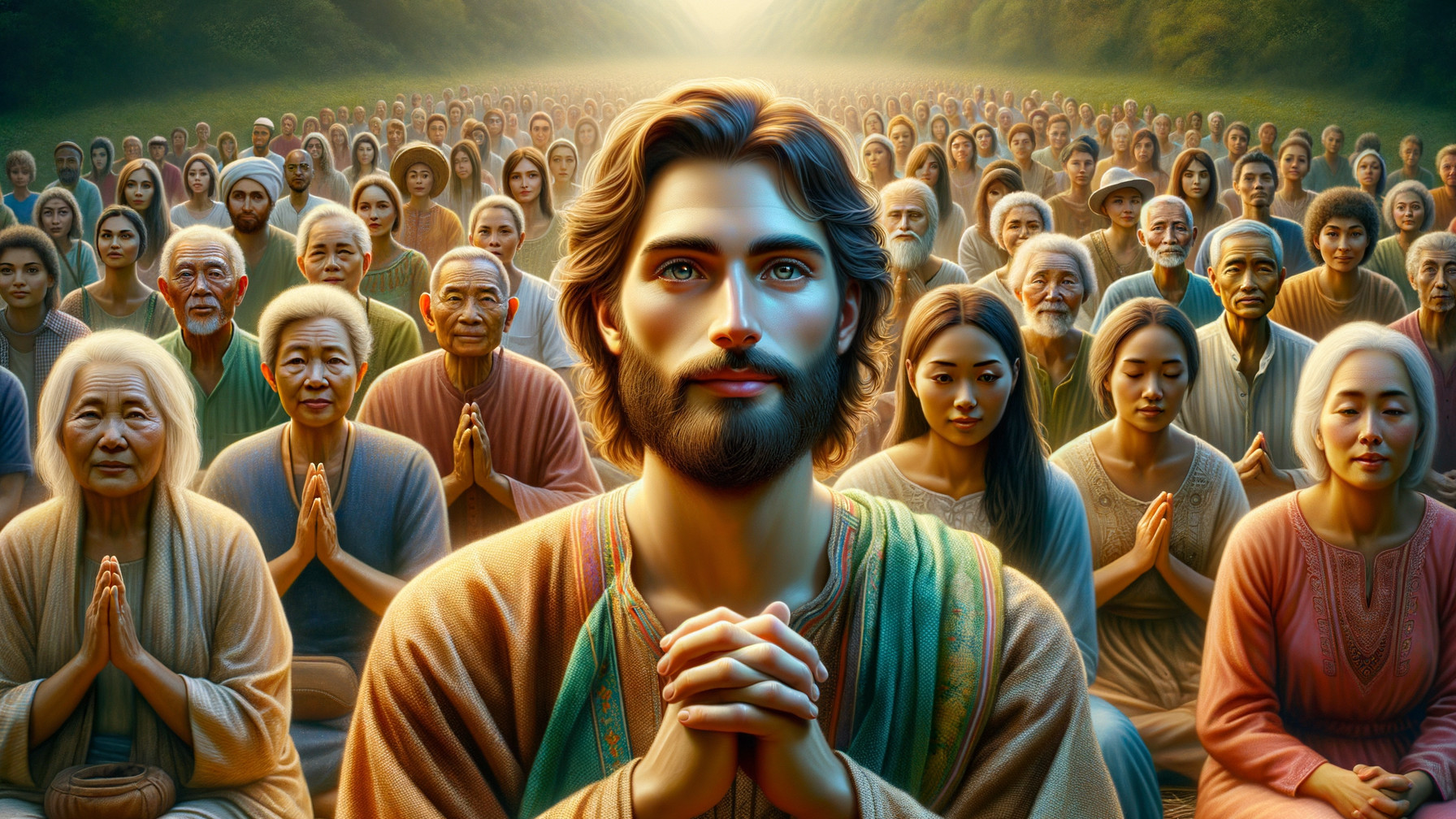 Diverse Individuals in Prayer Amidst Serene Landscape
