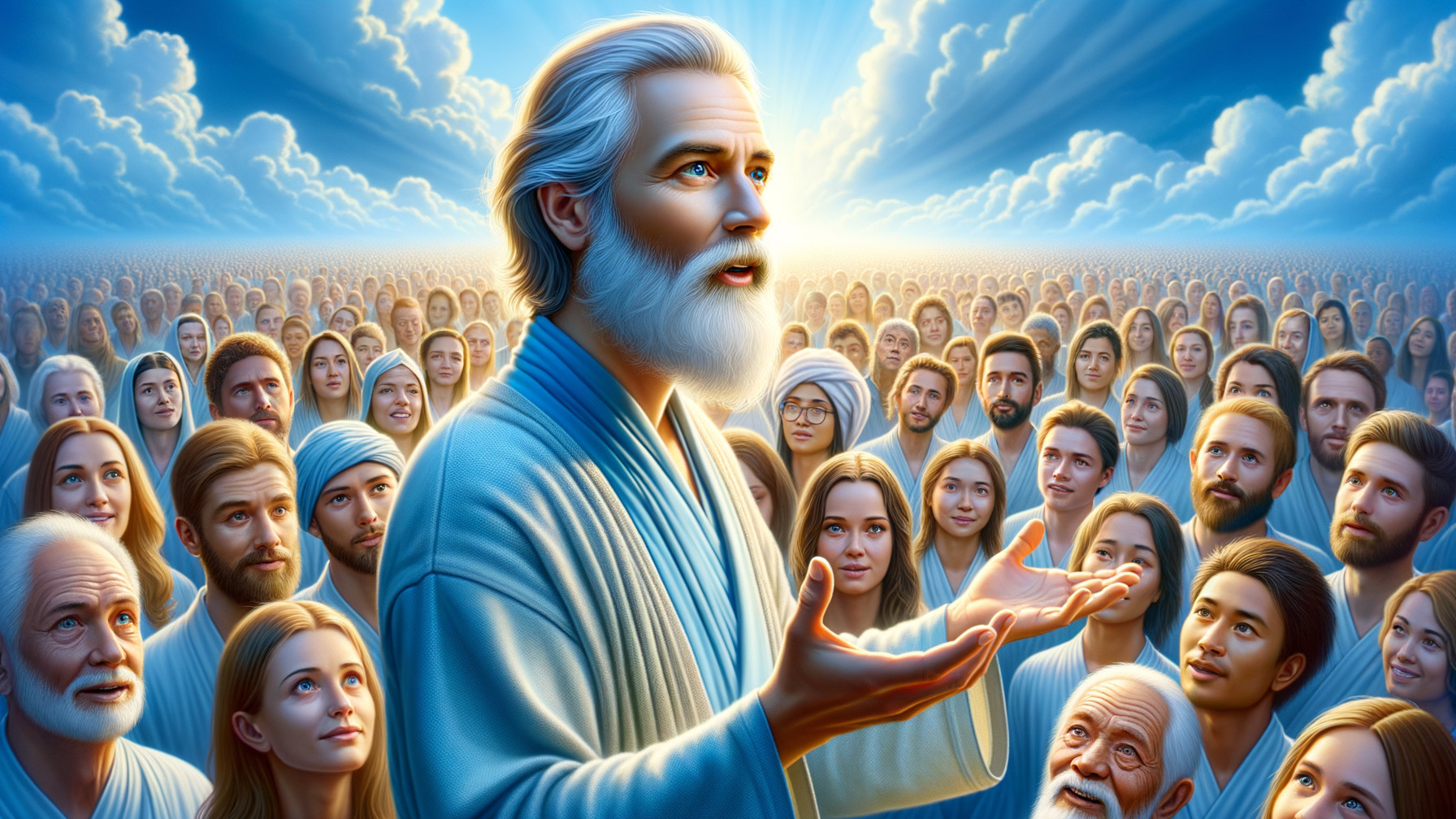 Divine figure with white hair addresses diverse crowd