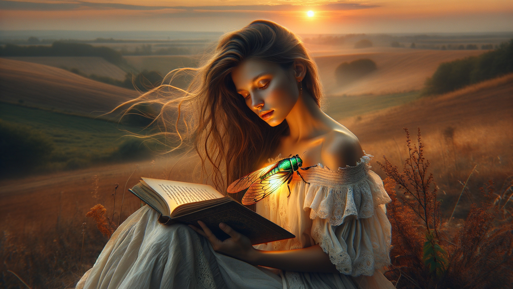 Young Woman Reading at Sunset in Serene Landscape